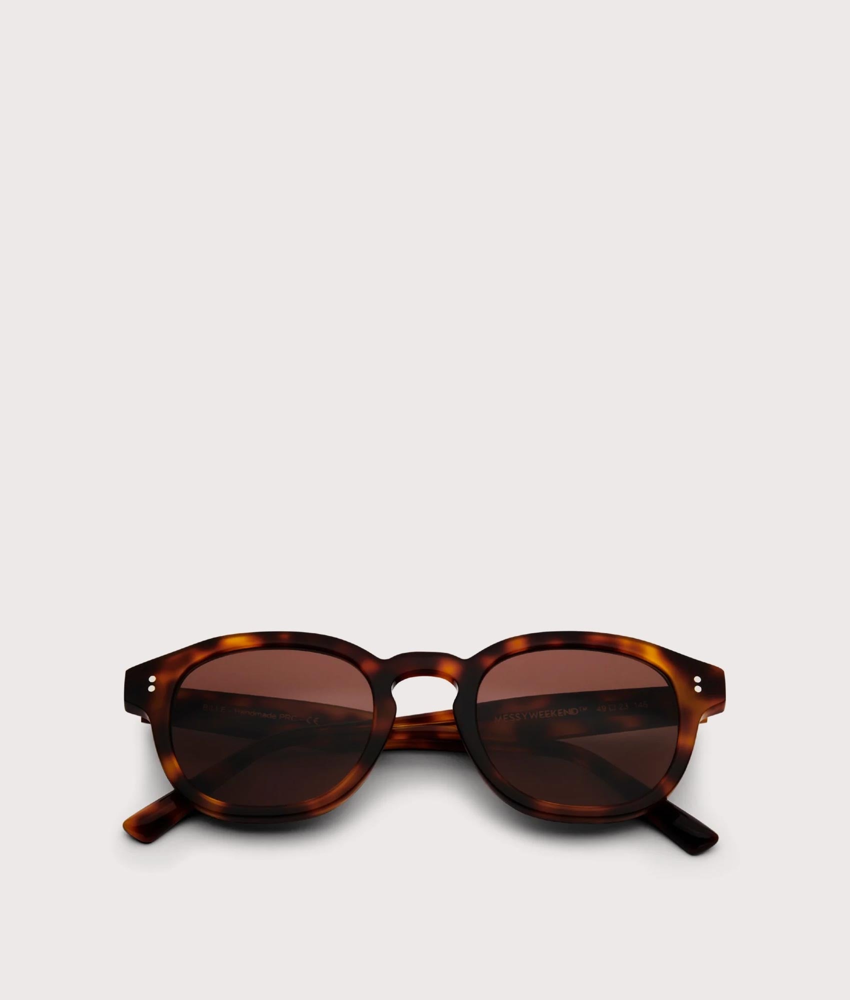 MessyWeekend Billie Bio Sunglasses in Tortoise Shell and Brown Lens at EQVVS. Folded Shot.