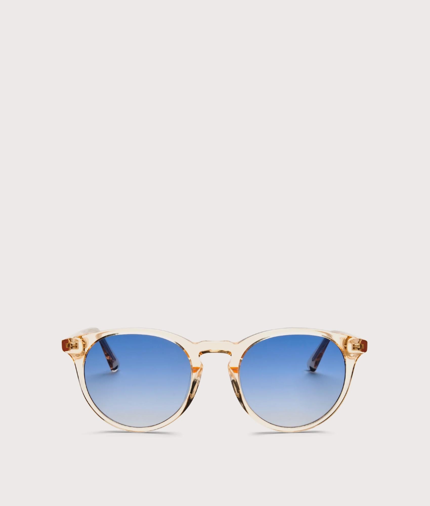 MESSYWEEKEND New Depp Sunglasses in Champagne with Blue Lens at EQVVS. Front Shot.