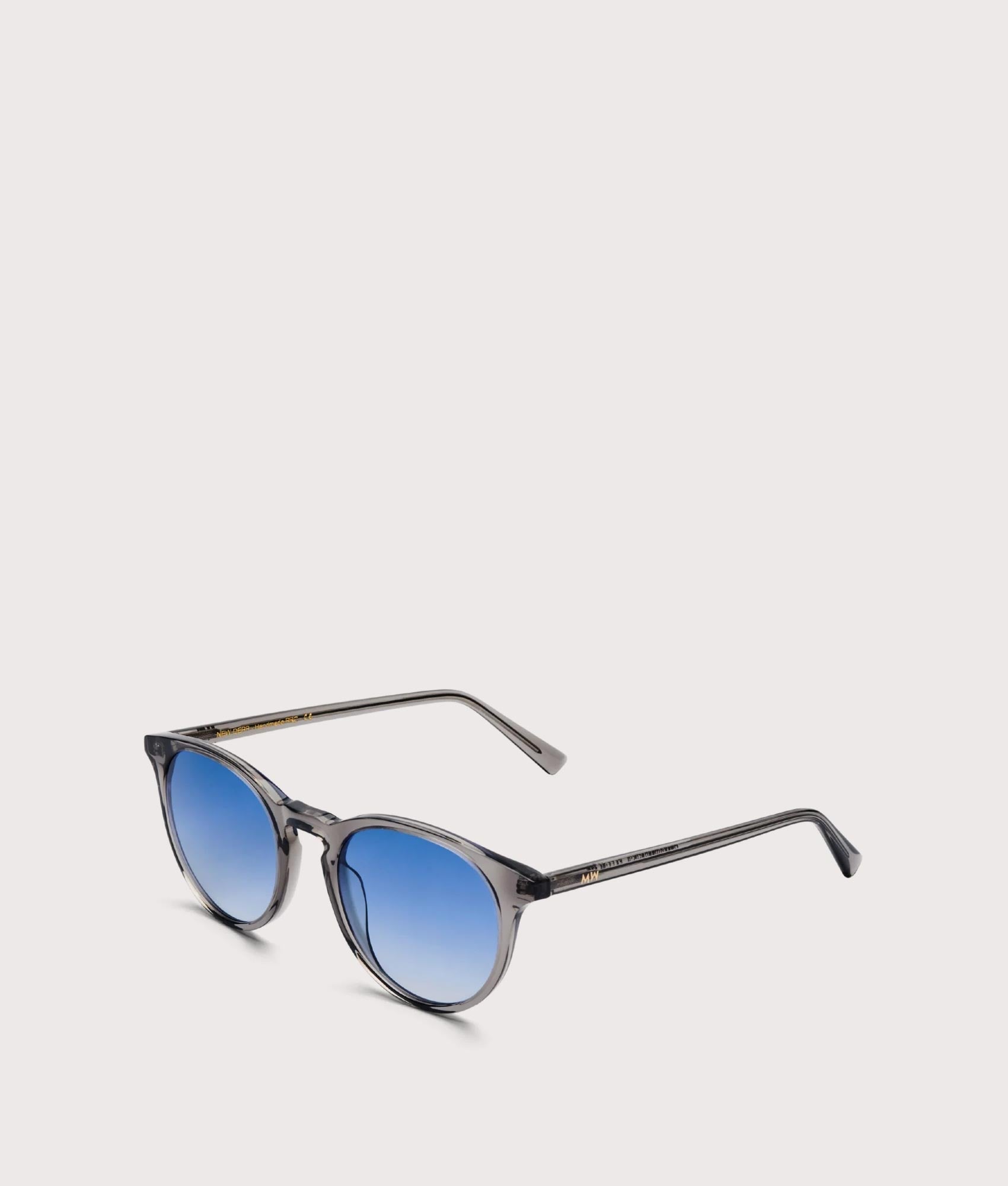 MESSYWEEKEND New Depp Sunglasses in Transparent Grey with Gradient Blue Lens at EQVVS. Side Shot.