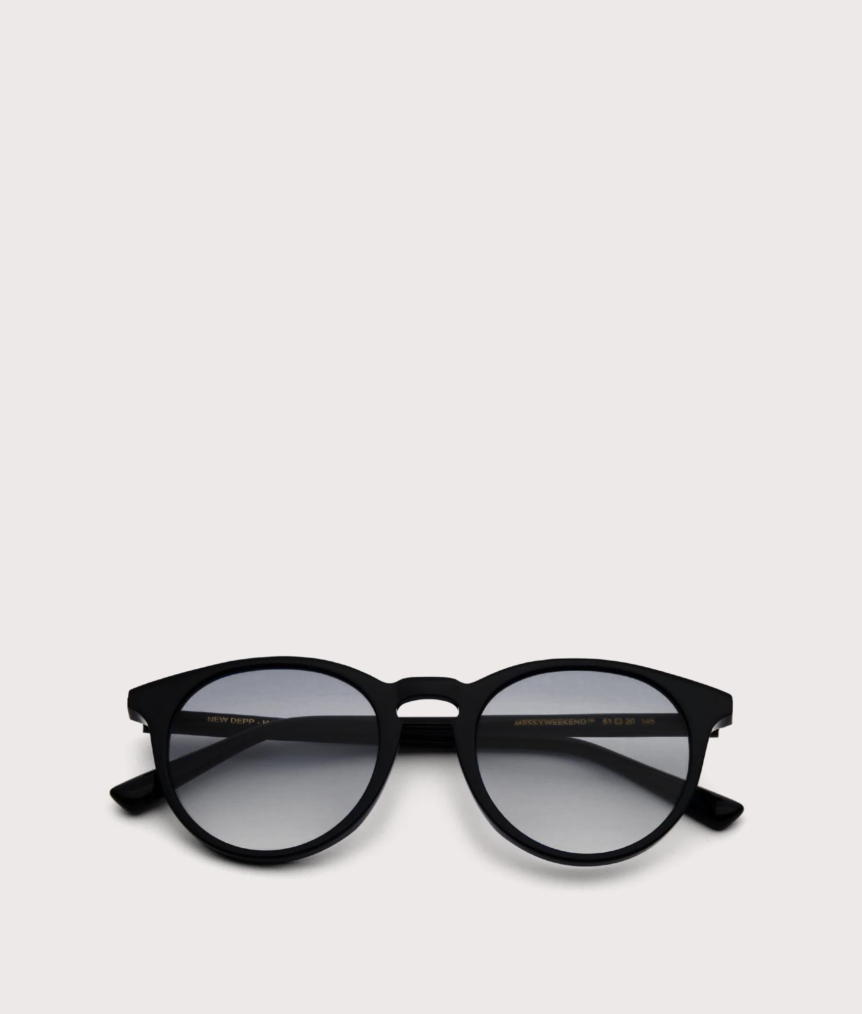 MESSYWEEKEND New Depp Sunglasses in Black with Grey Lens at EQVVS. Folded Shot.
