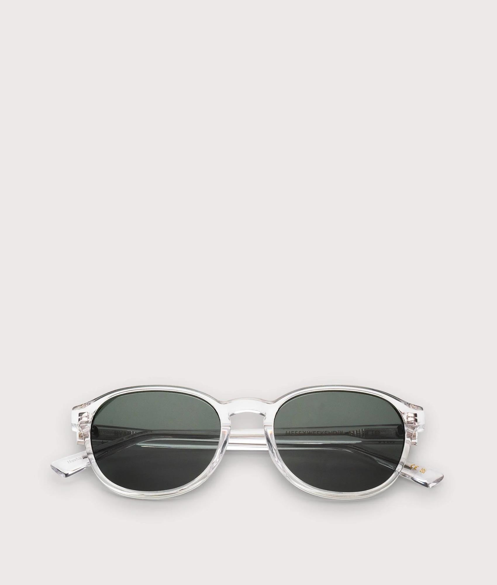 MESSYWEEKEND Ryan Sunglasses in Crystal - Gradient Green Lens at EQVVS Menswear. Folded shot.