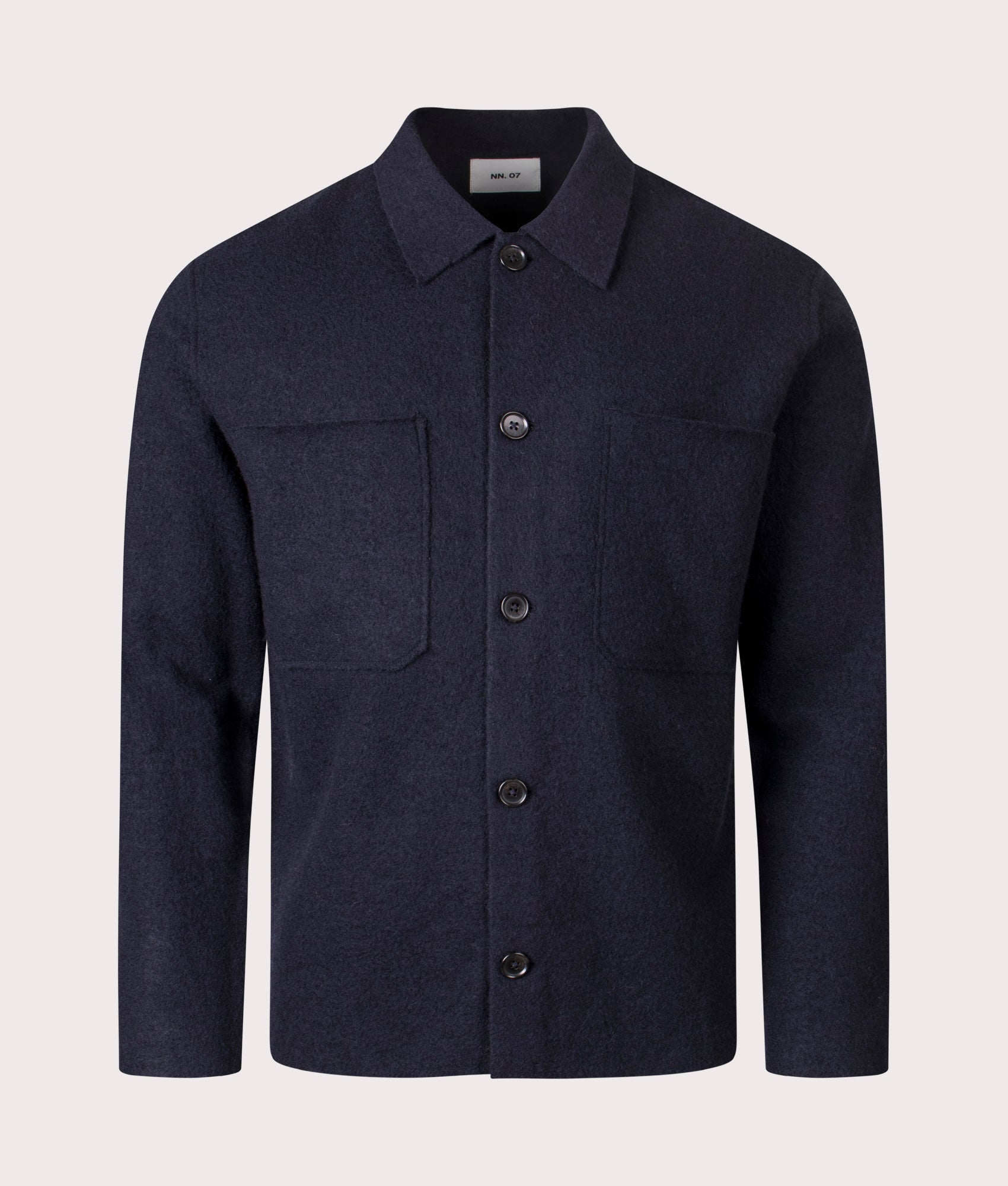 NN.07 Jonas Wool Overshirt in Navy Blue at EQVVS Menswear. Front shot.