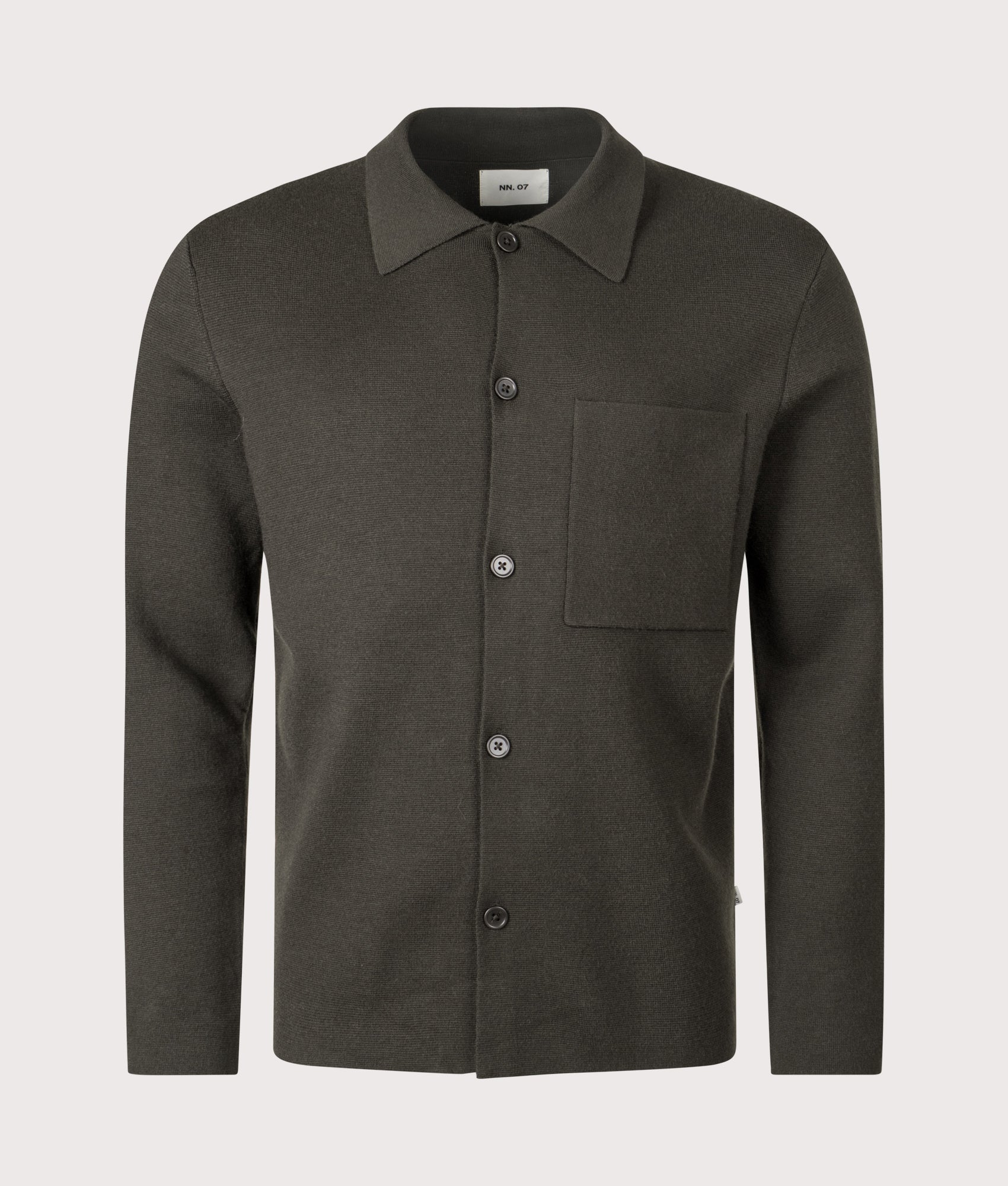 NN.07 Jonas Wool Overshirt in Dark Army at EQVVS Menswear. Front shot.