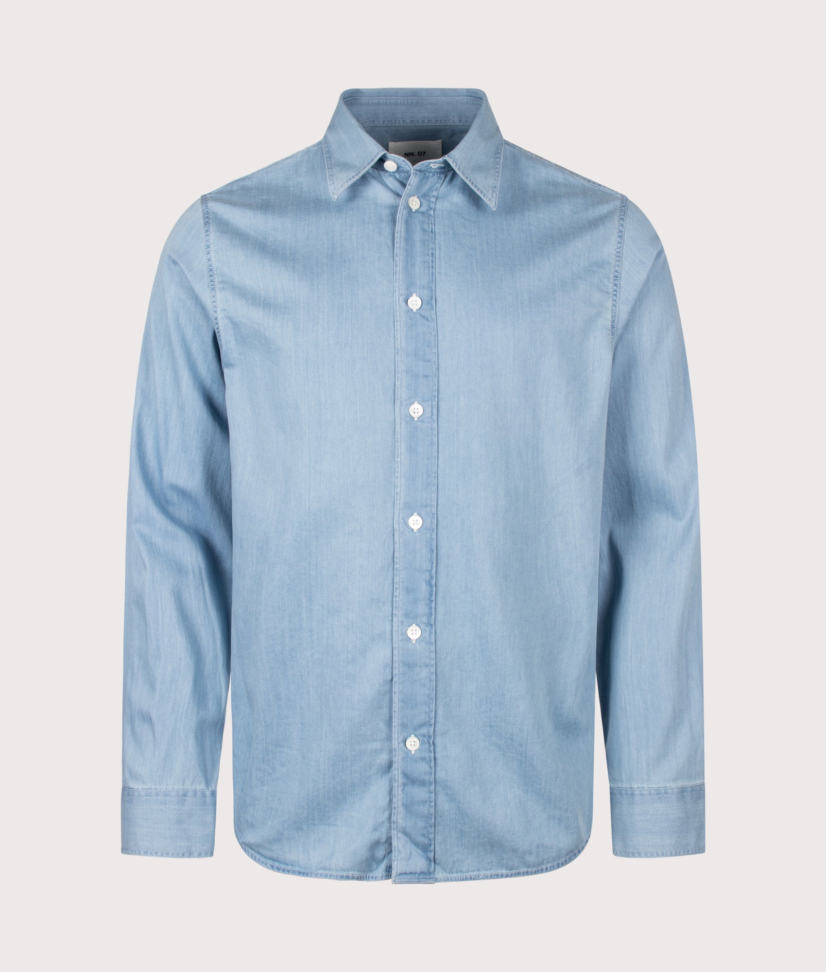 NN.07 Regular Fit Colby Long Sleeve Shirt in Bleach Indigo at EQVVS Menswear. Front shot.