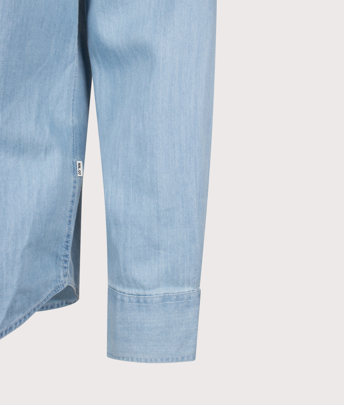 NN.07 Regular Fit Colby Long Sleeve Shirt in Bleach Indigo at EQVVS Menswear. Detail shot.