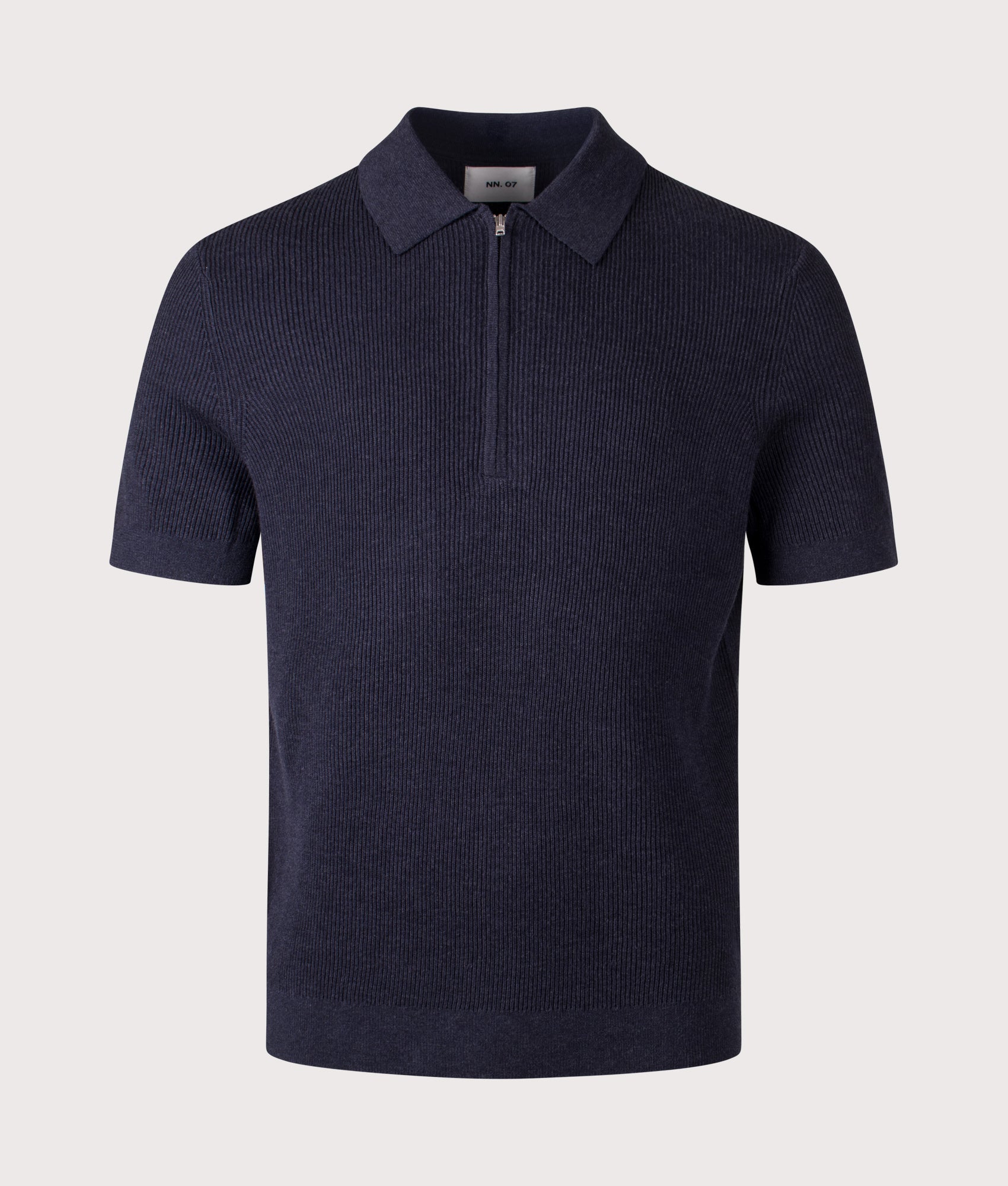 NN.07 Hansie Half Zip Polo Shirt in Navy Melange at EQVVS Menswear. Front shot.