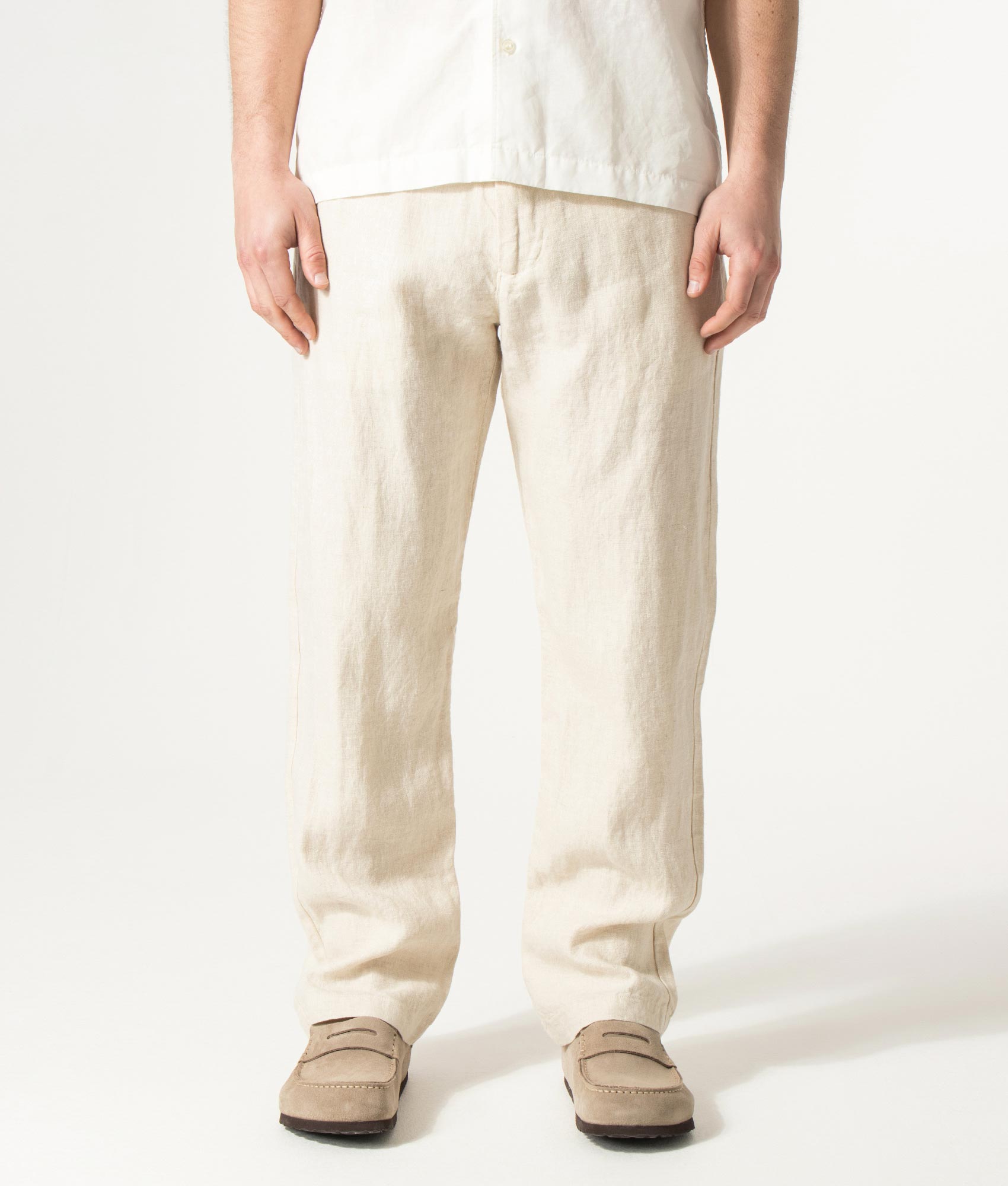 NN.07 Regular Fit Straight Leg Aden Chinos in Oat at EQVVS Menswear. Model front shot.