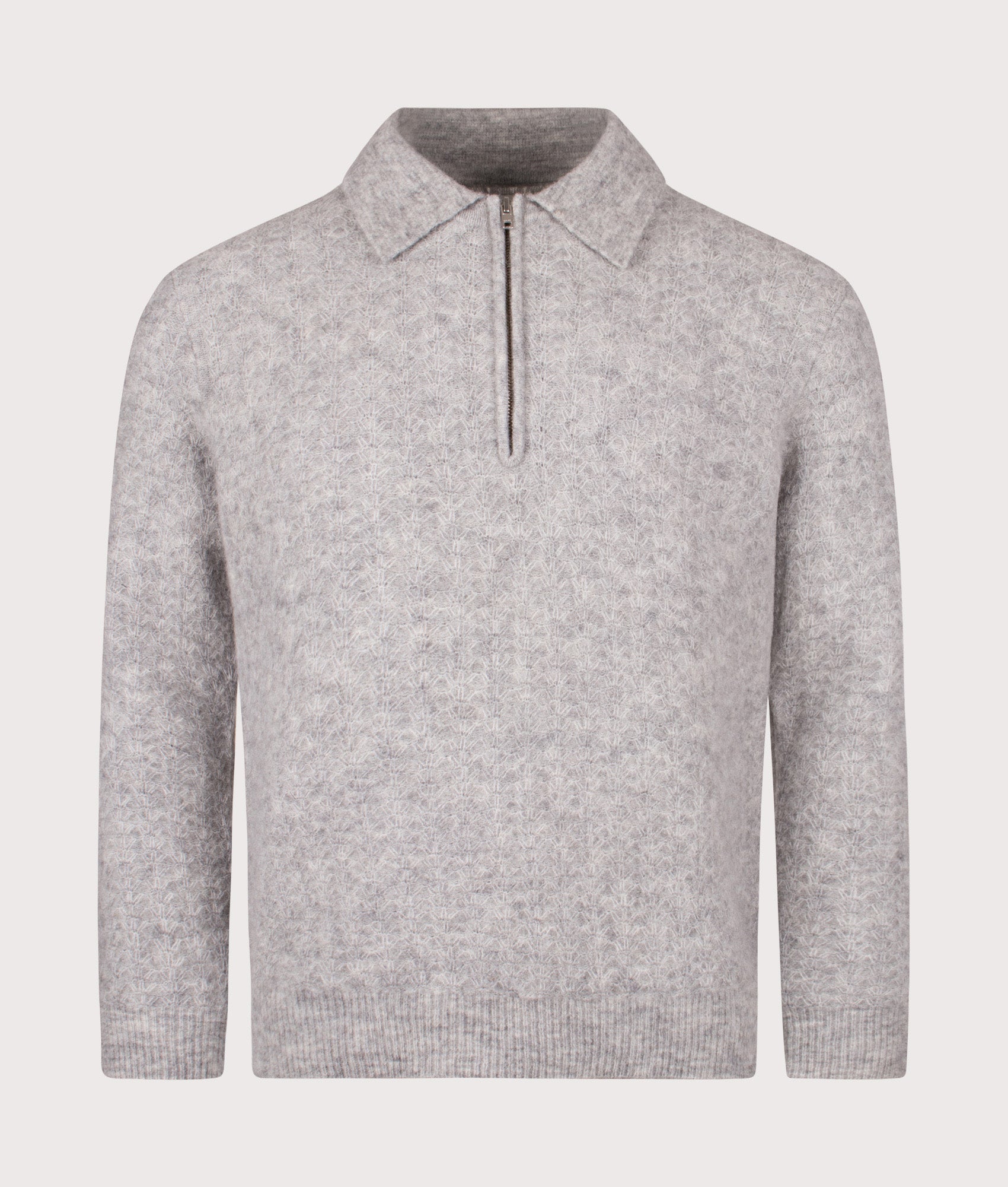 NN.07 Alfie Quarter Zip Polo Sweatshirt in Sable Grey at EQVVS Menswear. Front shot.