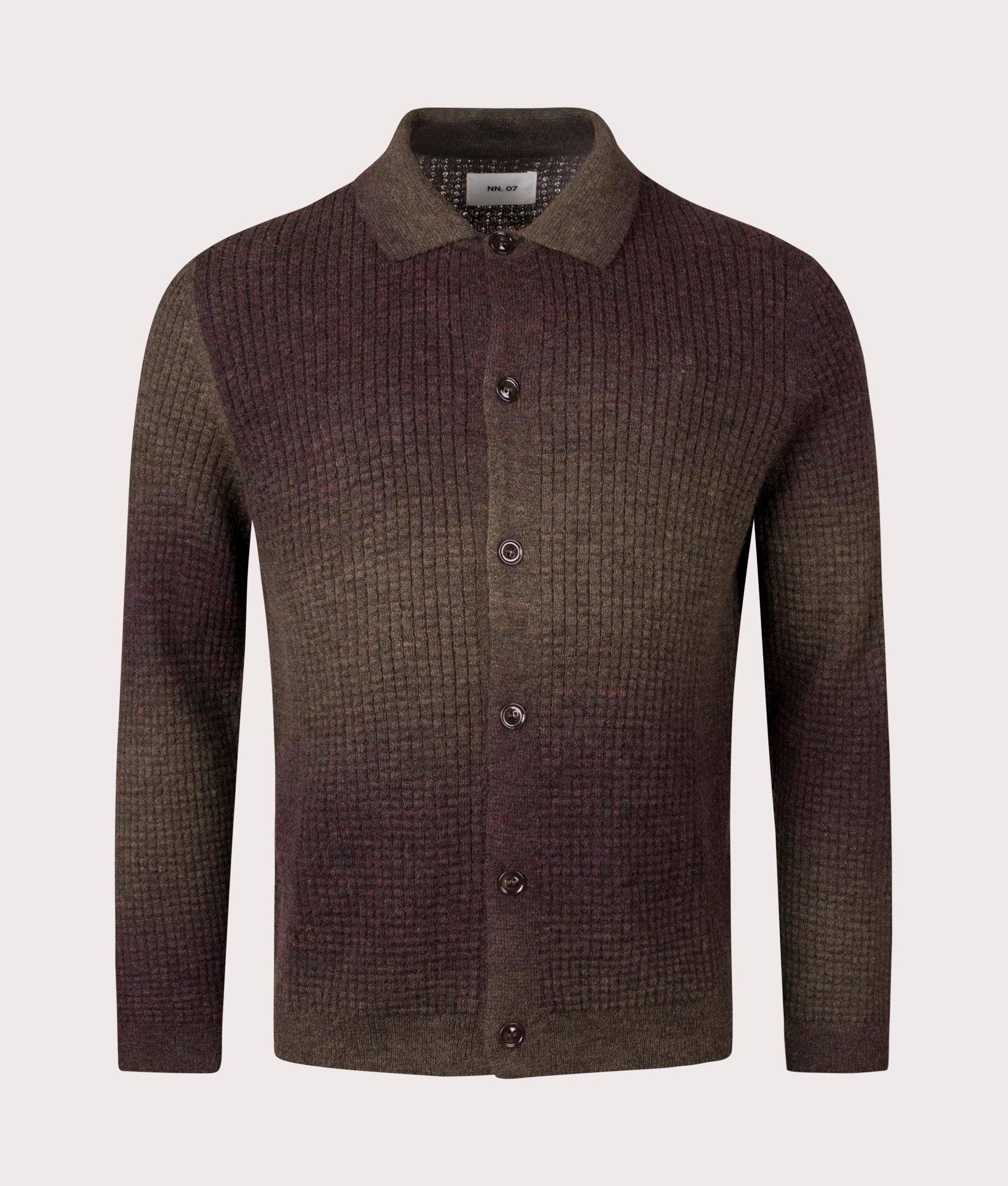 NN.07 Thor Cardigan Polo in Dark Army at EQVVS Menswear. Front shot.