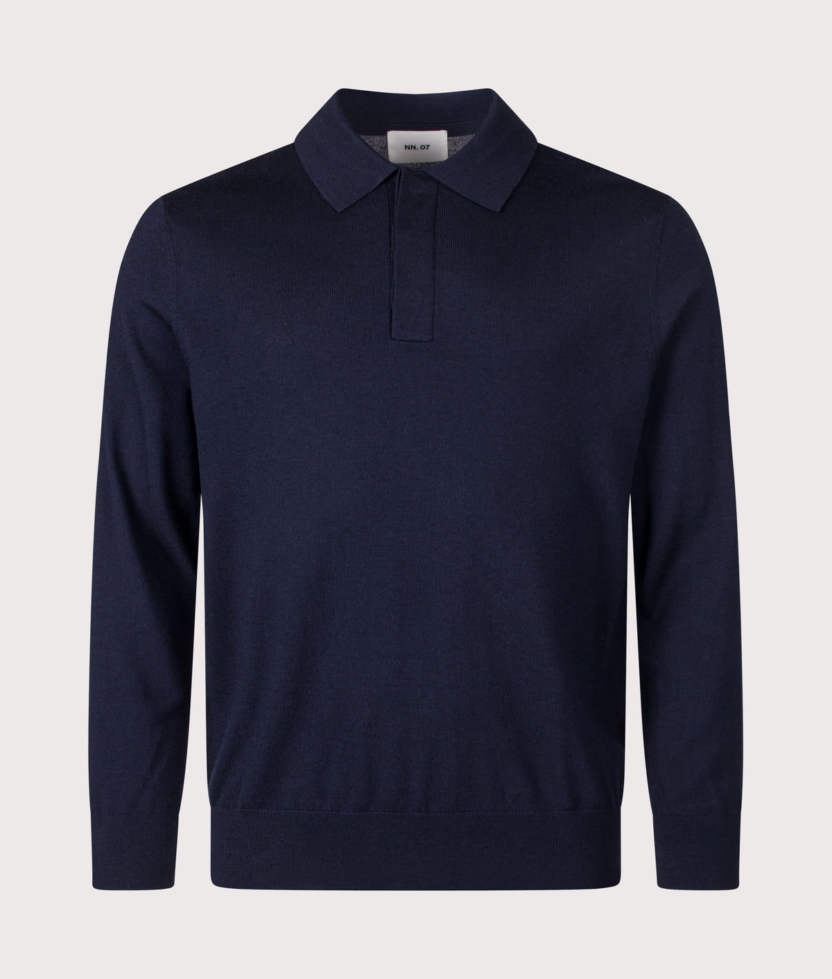 NN.07 Emerson Long Sleeve Wool Knitted Polo Shirt in Navy Blue at EQVVS Menswear. Front shot.
