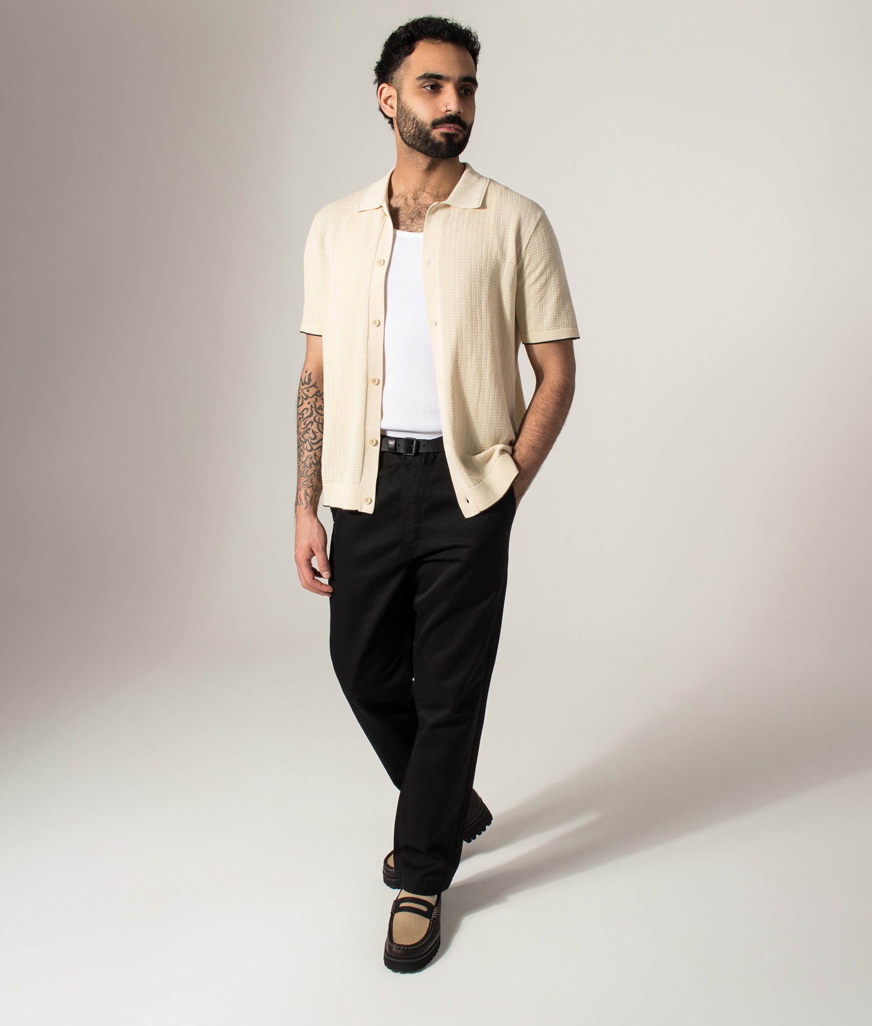 NN.07 Nalo Knit Textured Stitch Polo Shirt in Ivory at EQVVS Menswear. Model full length shot.