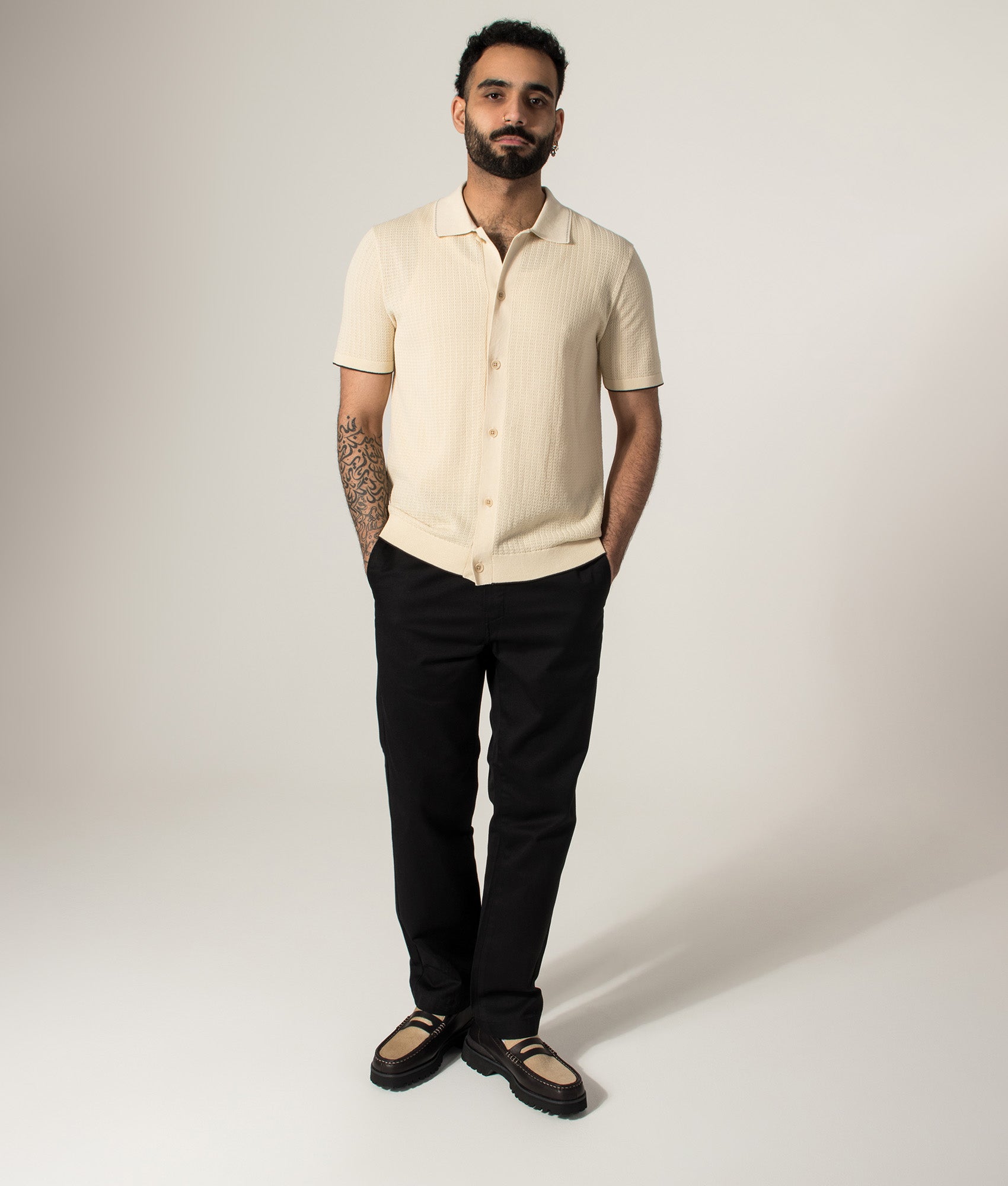 NN.07 Nalo Knit Textured Stitch Polo Shirt in Ivory at EQVVS Menswear. Model full length shot.