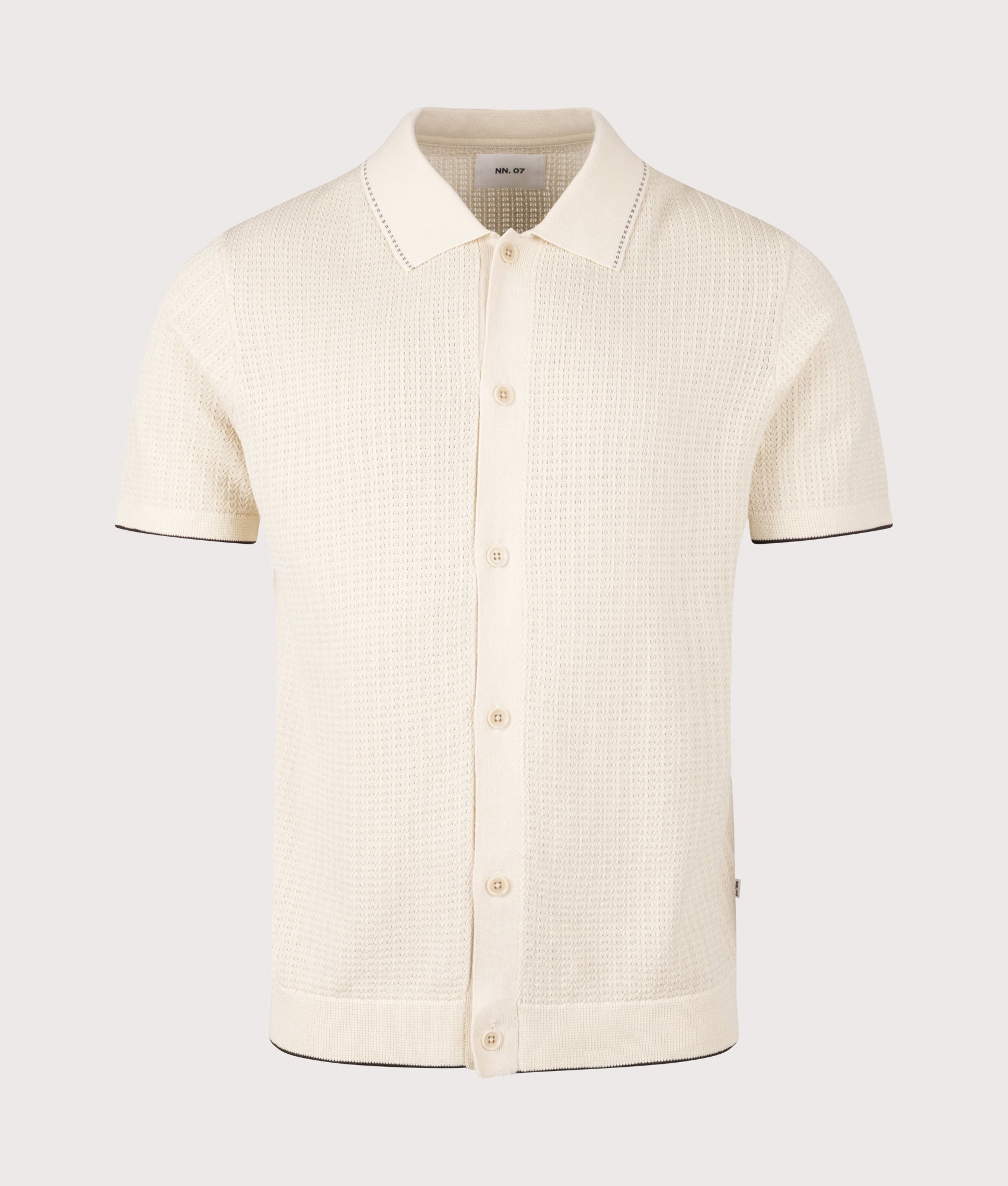 NN.07 Nalo Knit Textured Stitch Polo Shirt in Ivory at EQVVS Menswear. Front shot.
