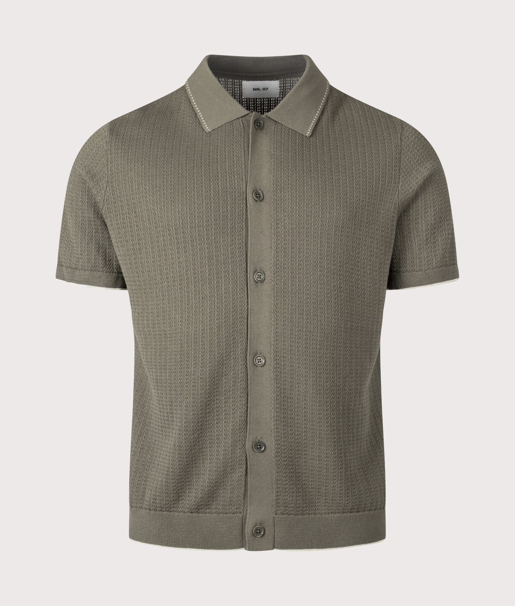 NN.07 Nalo Knit Textured Stitch Polo Shirt in Capers at EQVVS Menswear. Front shot.
