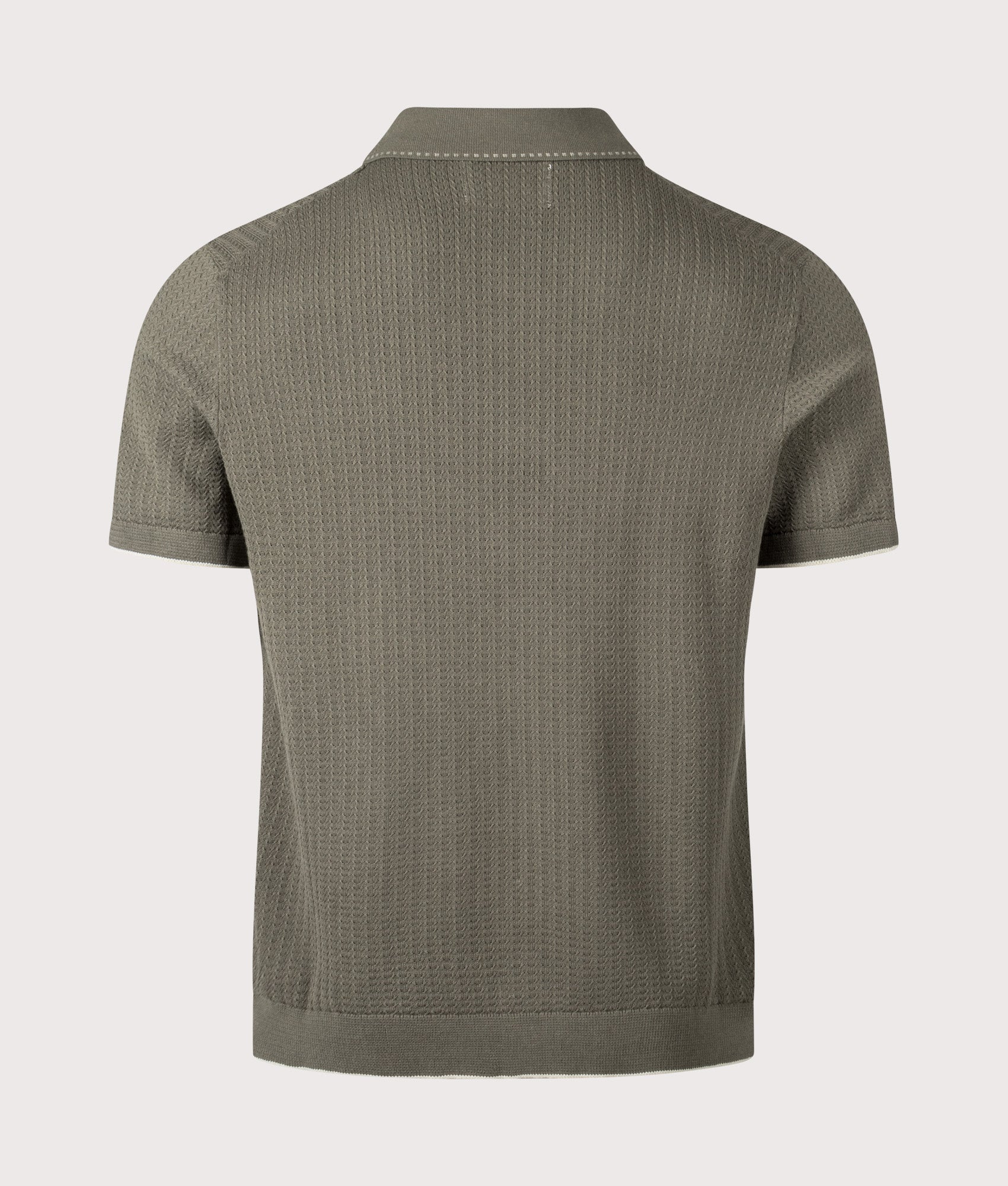 NN.07 Nalo Knit Textured Stitch Polo Shirt in Capers at EQVVS Menswear. Back shot.