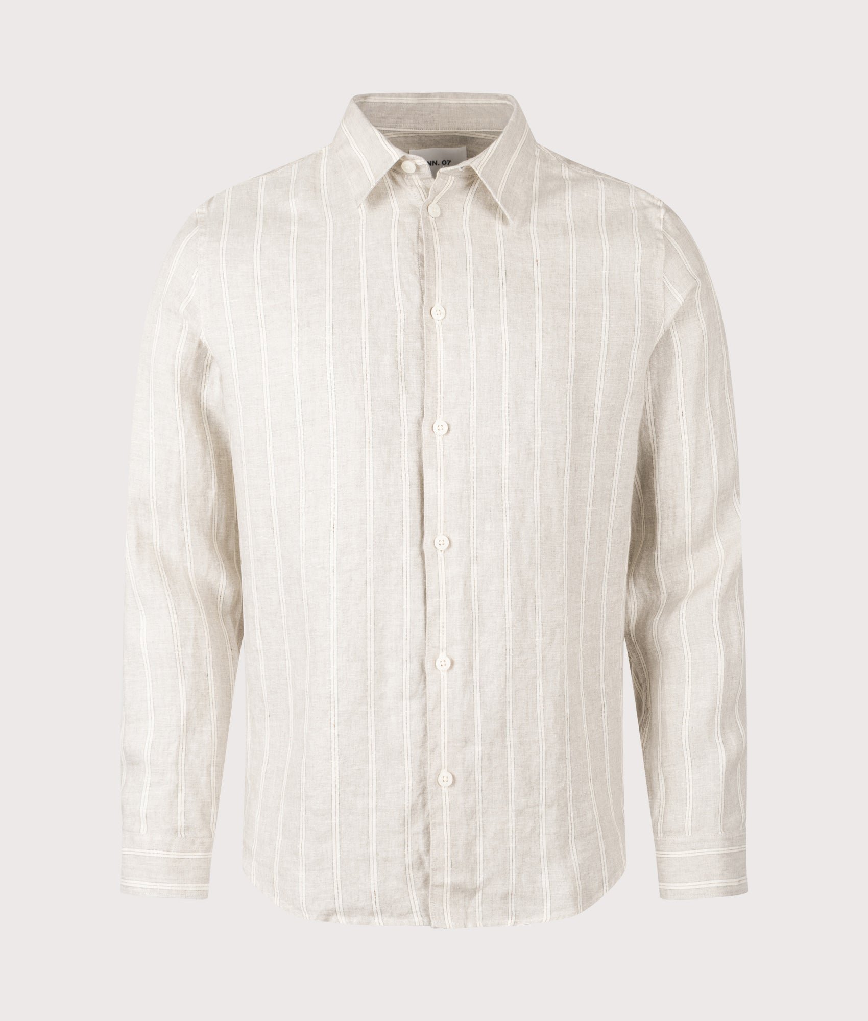 NN.07 Enzo Linen Shirt in Oat Stripe at EQVVS Menswear. Front shot.