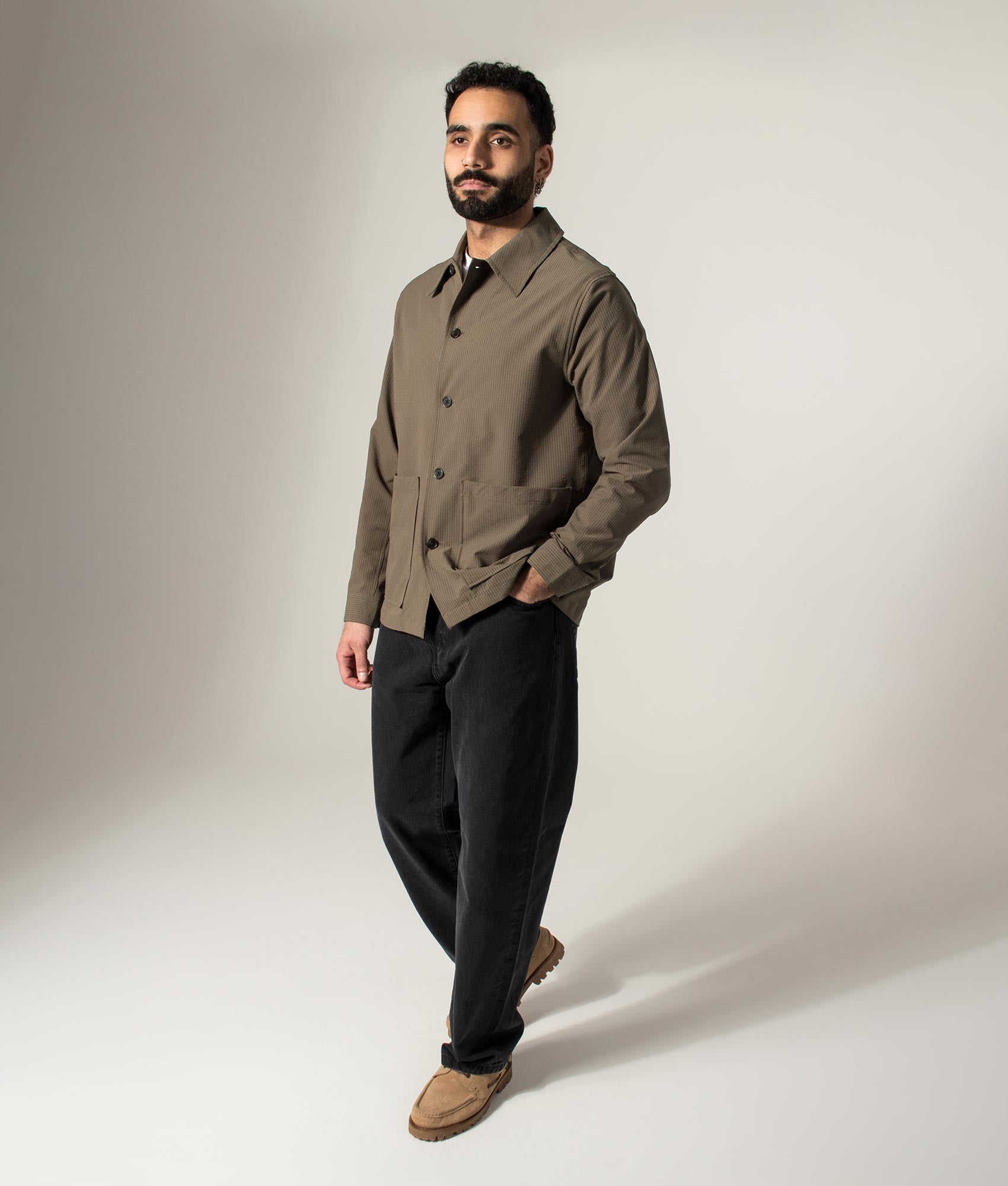 NN.07 Blaze Seersucker Overshirt in Mable Husk at EQVVS Menswear.  Model full length front shot.