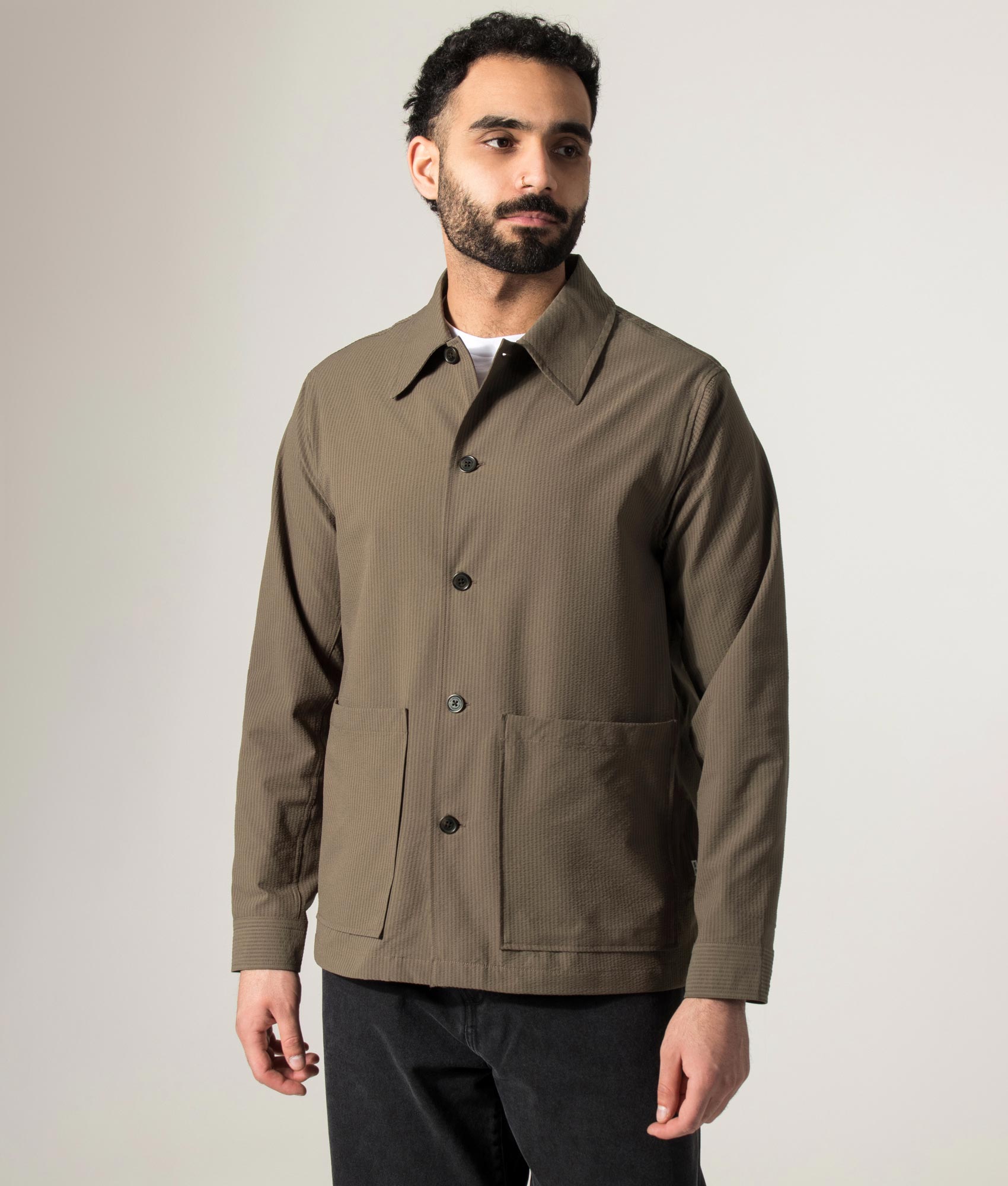 NN.07 Blaze Seersucker Overshirt in Mable Husk at EQVVS Menswear. Model front shot.