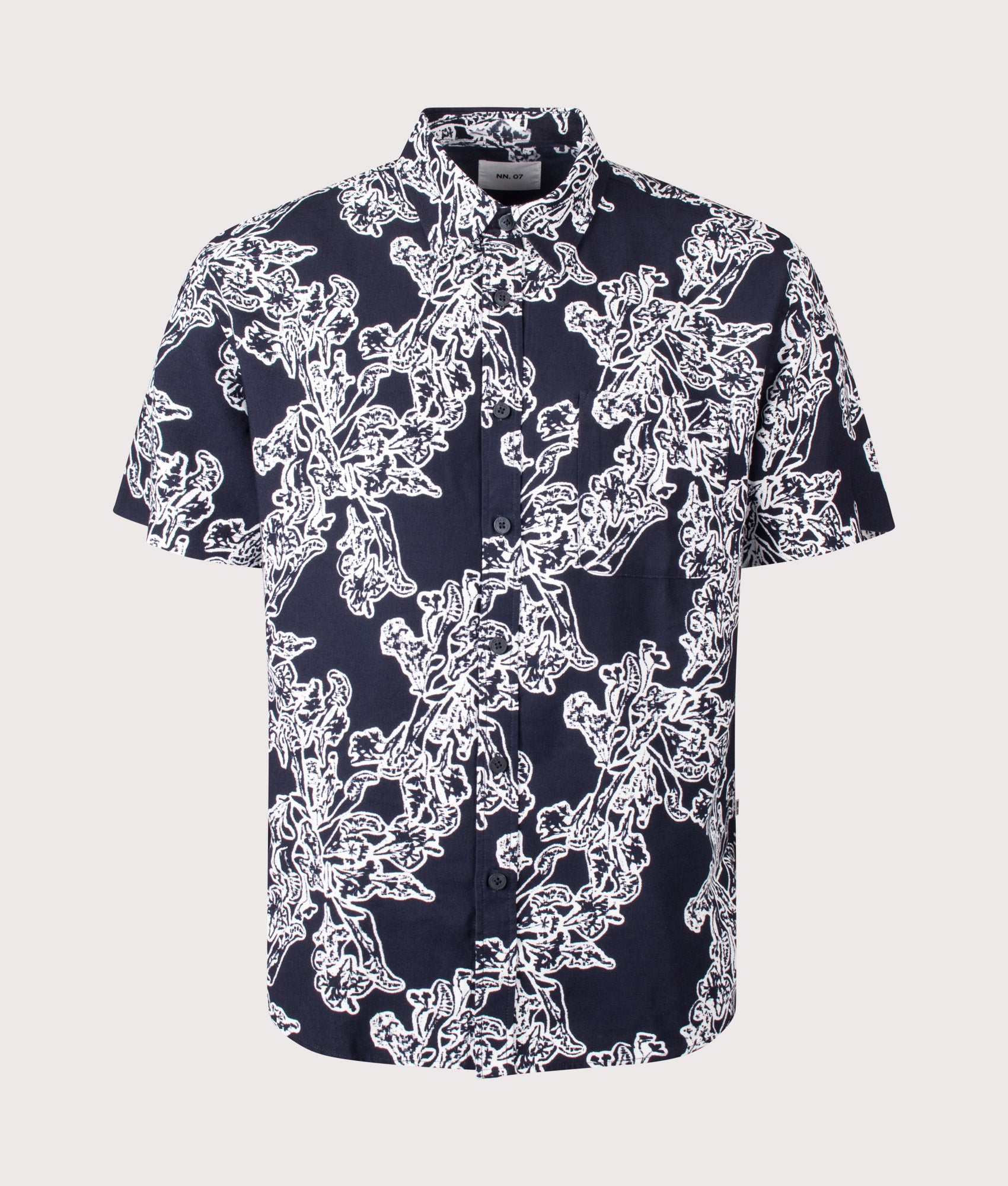 Deon Short Sleeve Print Shirt in Navy Blue by NN.07. Shot by EQVVS. Front shot.