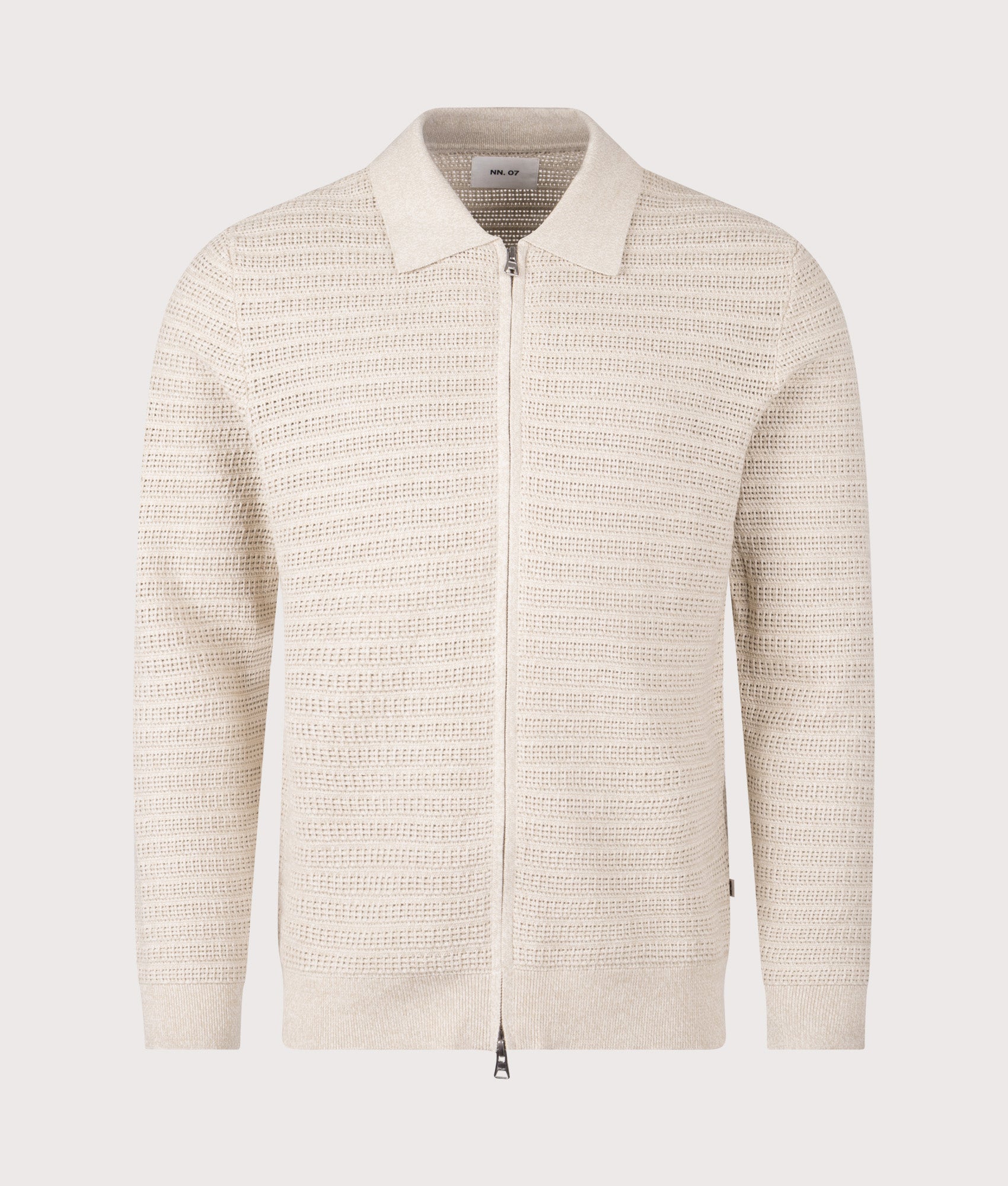 NN.07 Gustav Zip Through Knit Cardigan in Ivory Mouliné at EQVVS Menswear. Front shot.