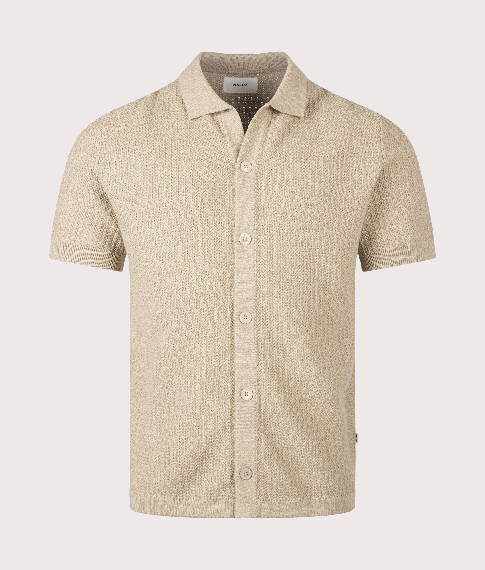 Ares knitted Short Sleeve Shirt in Desert Khaki by NN.07. Shot by EQVVS. Front shot.
