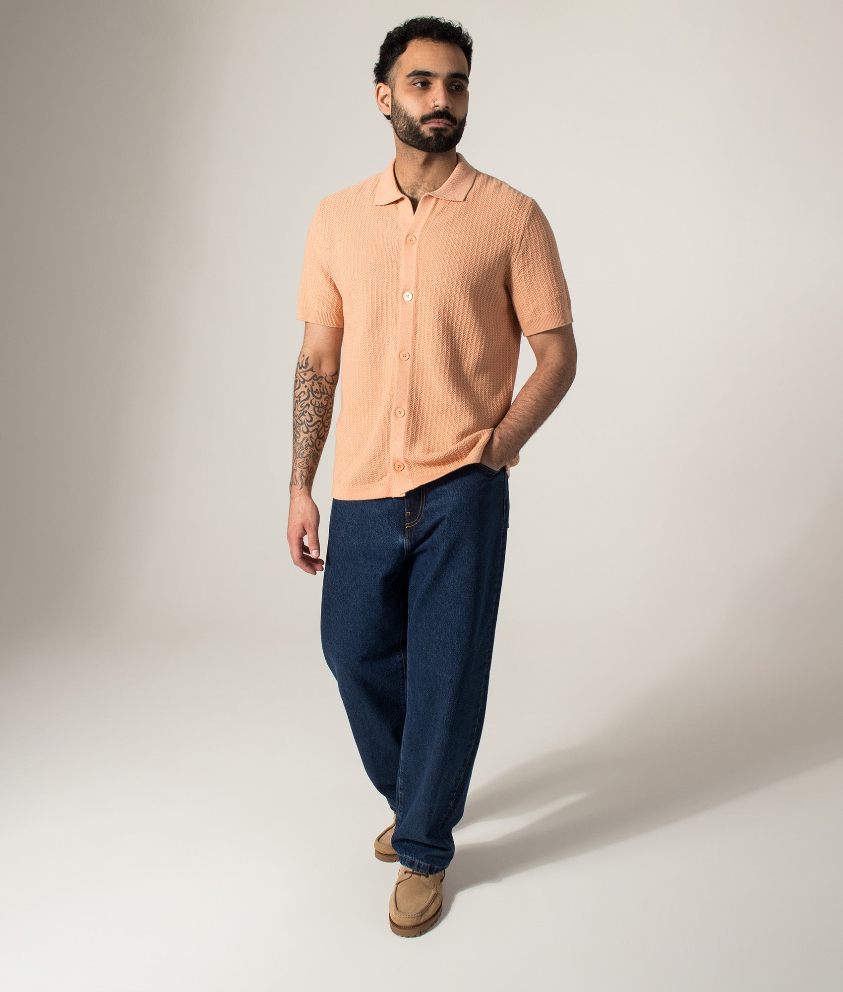 NN.07 Ares knitted Short Sleeve Shirt in Corashell at EQVVS Menswear. Model front shot.