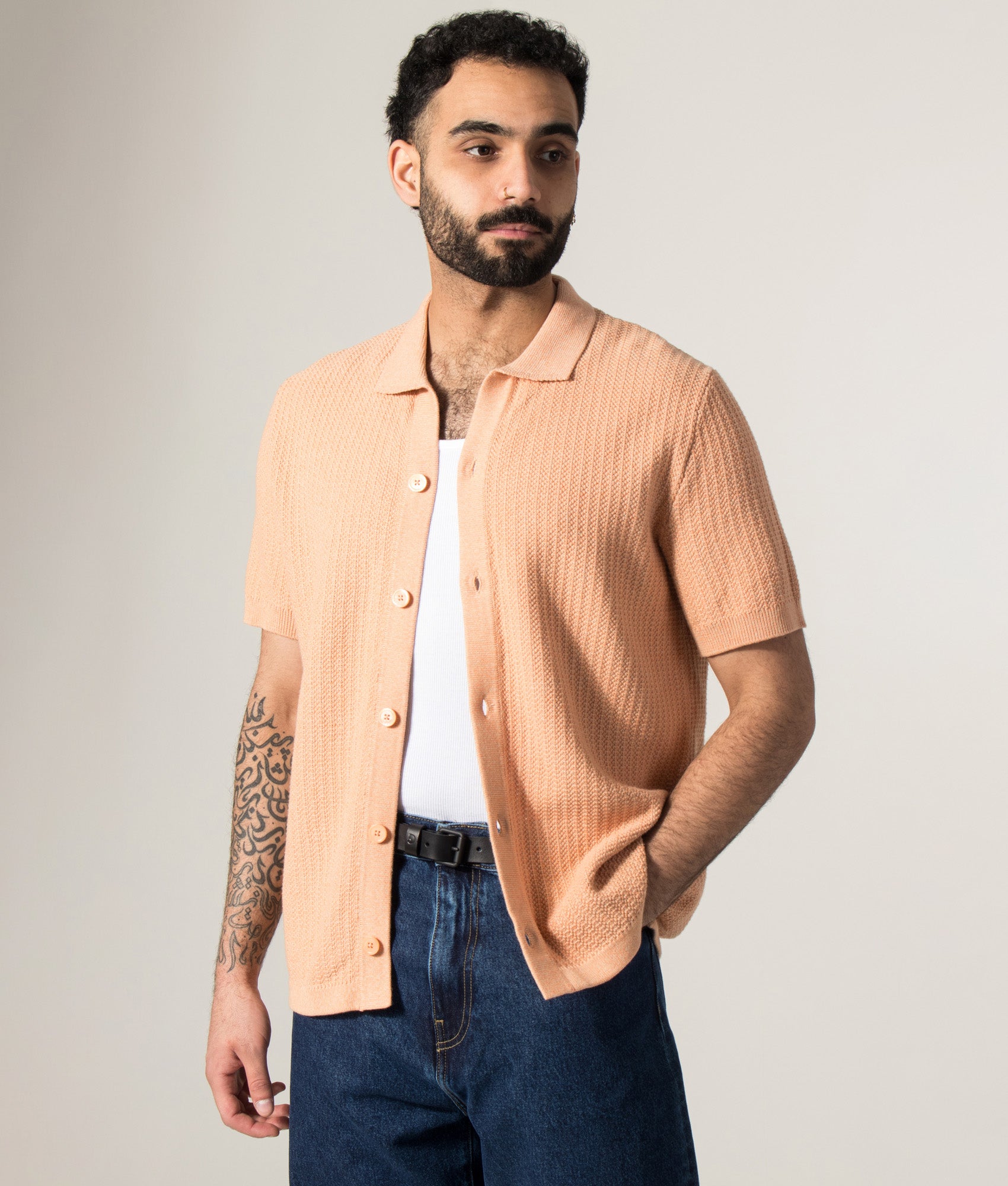 NN.07 Ares knitted Short Sleeve Shirt in Corashell at EQVVS Menswear. Model front shot.