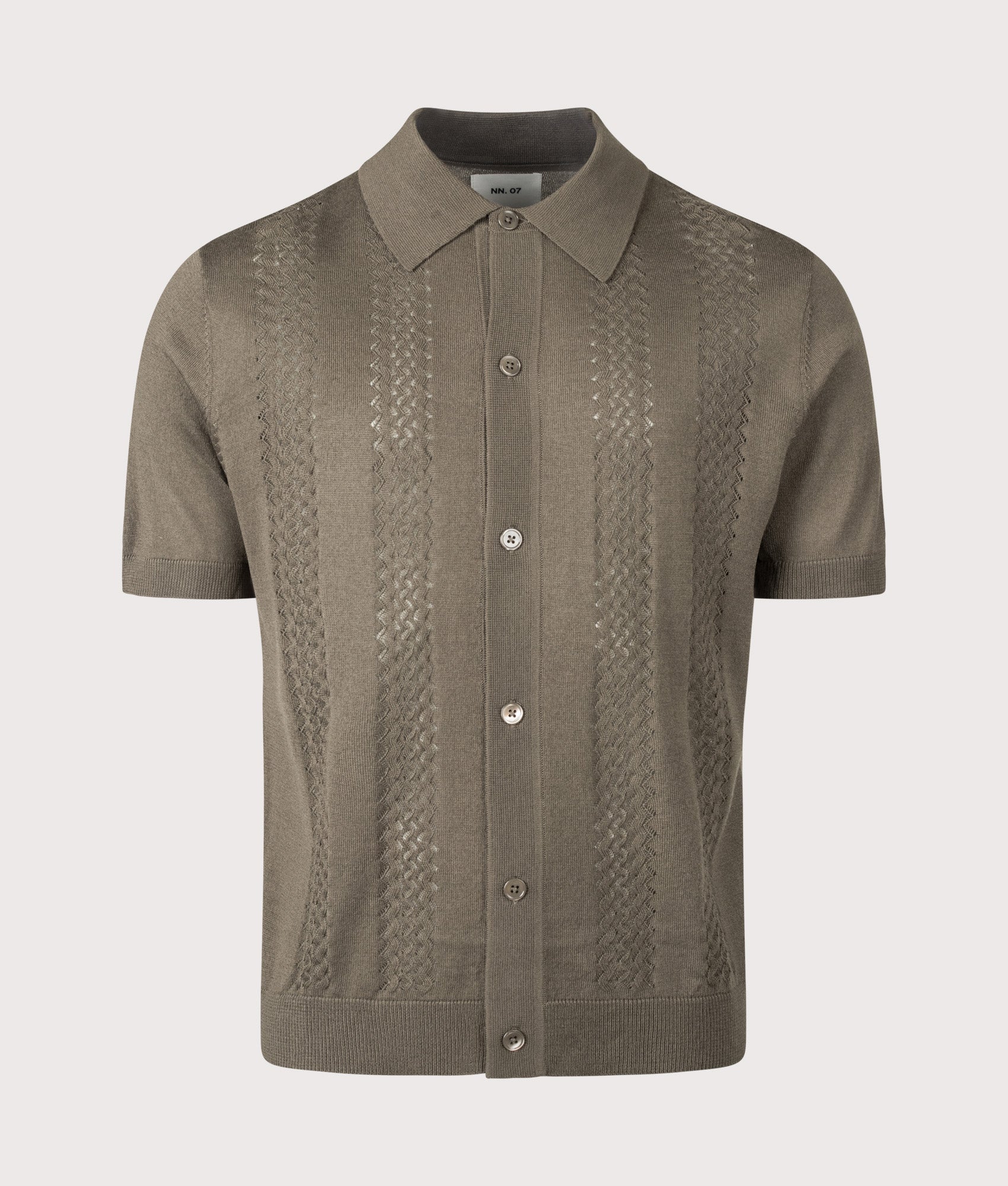 Thor Knitted Polo shirt in Mable Husk by NN.07. Shot by EQVVS. Front shot.