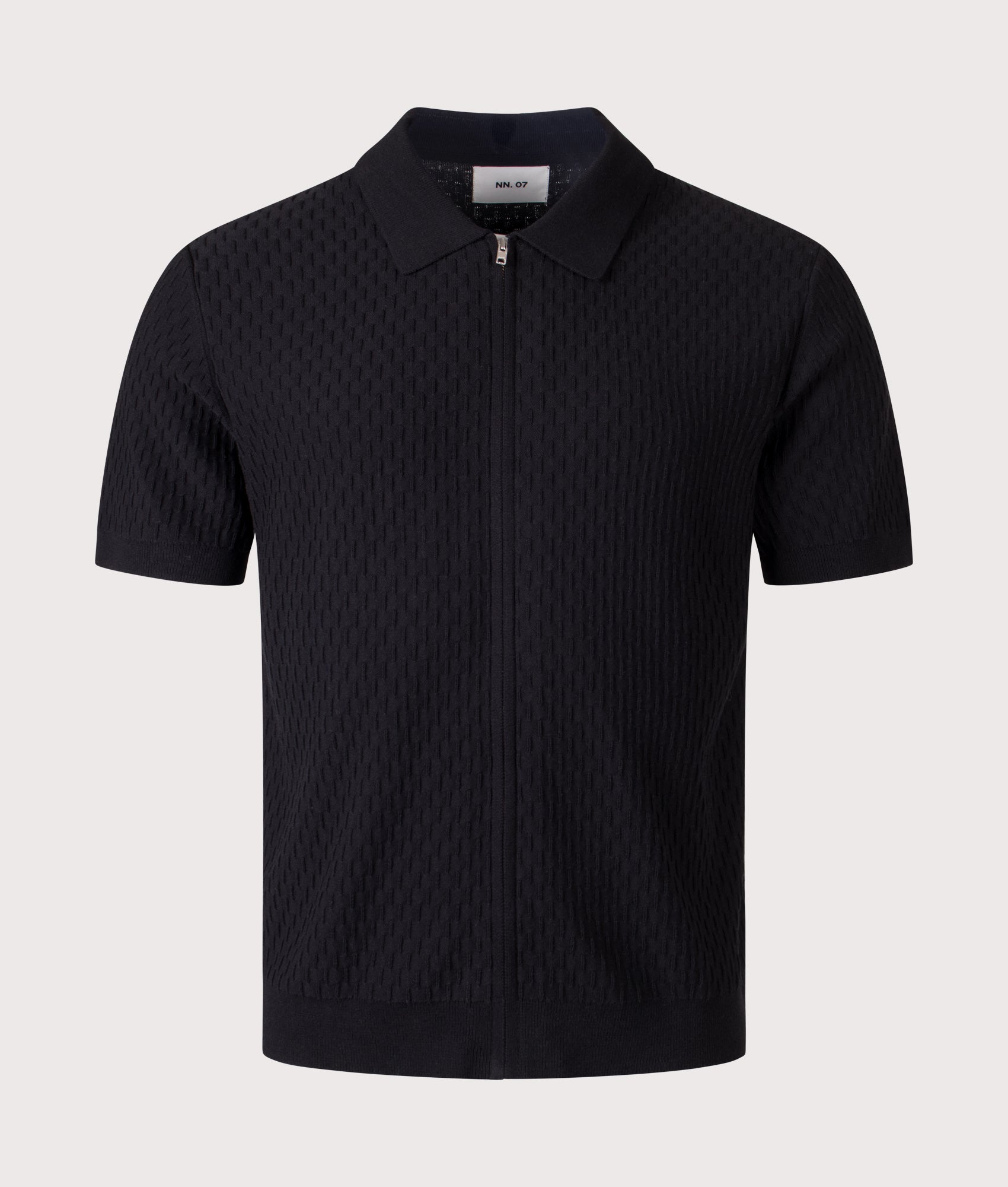 NN.07 Gustav Full Zip Knit Polo Shirt in  Black at EQVVS Menswear. Front shot.