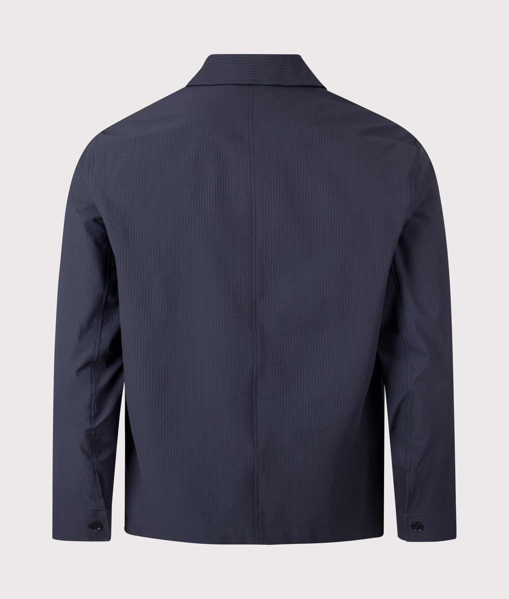 Blaze Seersucker Overshirt in Navy Blue by NN.07. Shot by EQVVS. Back shot.
