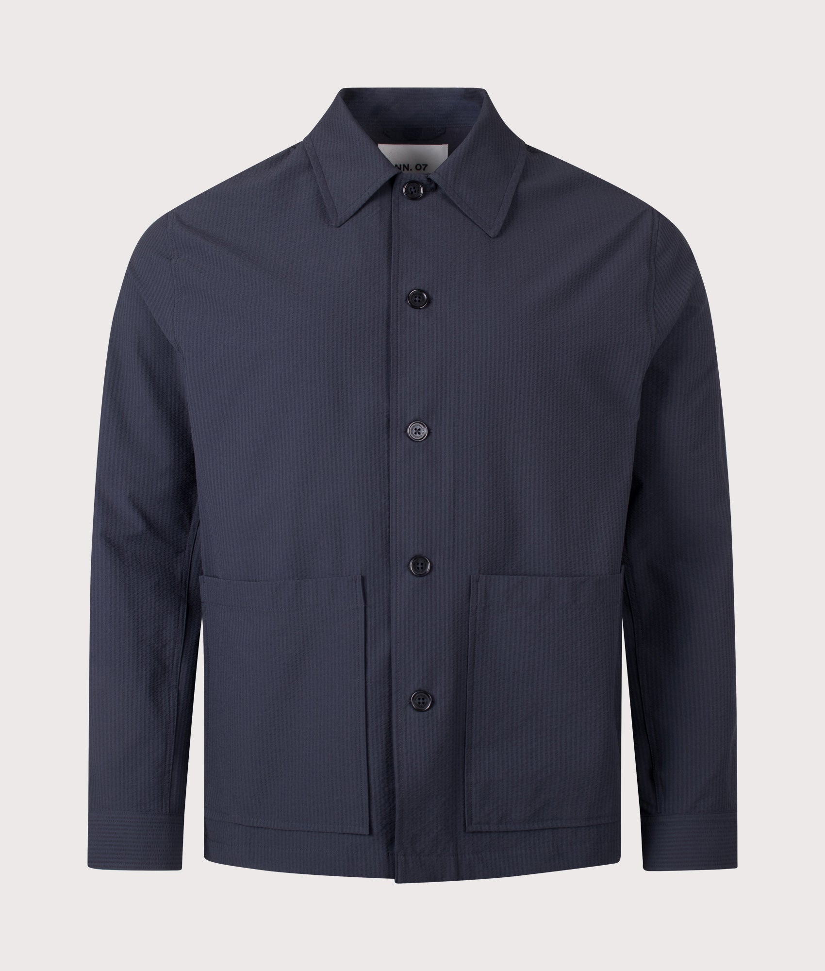 Blaze Seersucker Overshirt in Navy Blue by NN.07. Shot by EQVVS. Front shot.