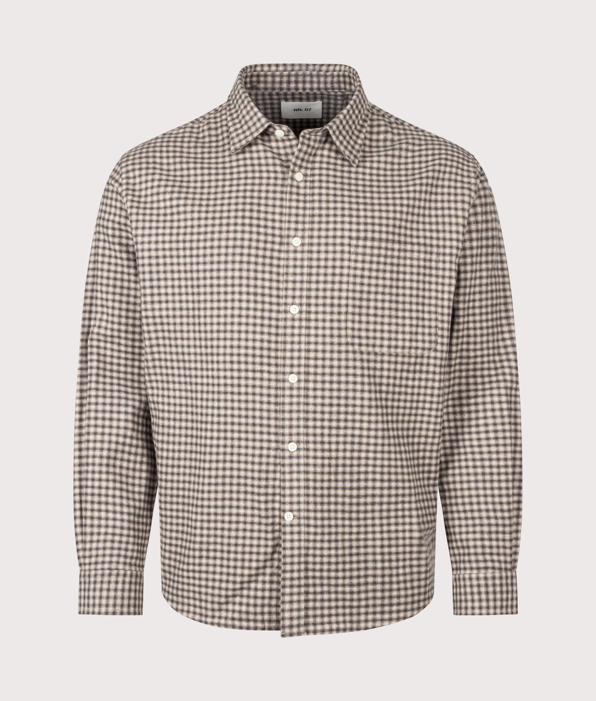 NN.07 Regular Fit Deon Flannel Shirt in Sand Check at EQVVS Menswear. Front shot.