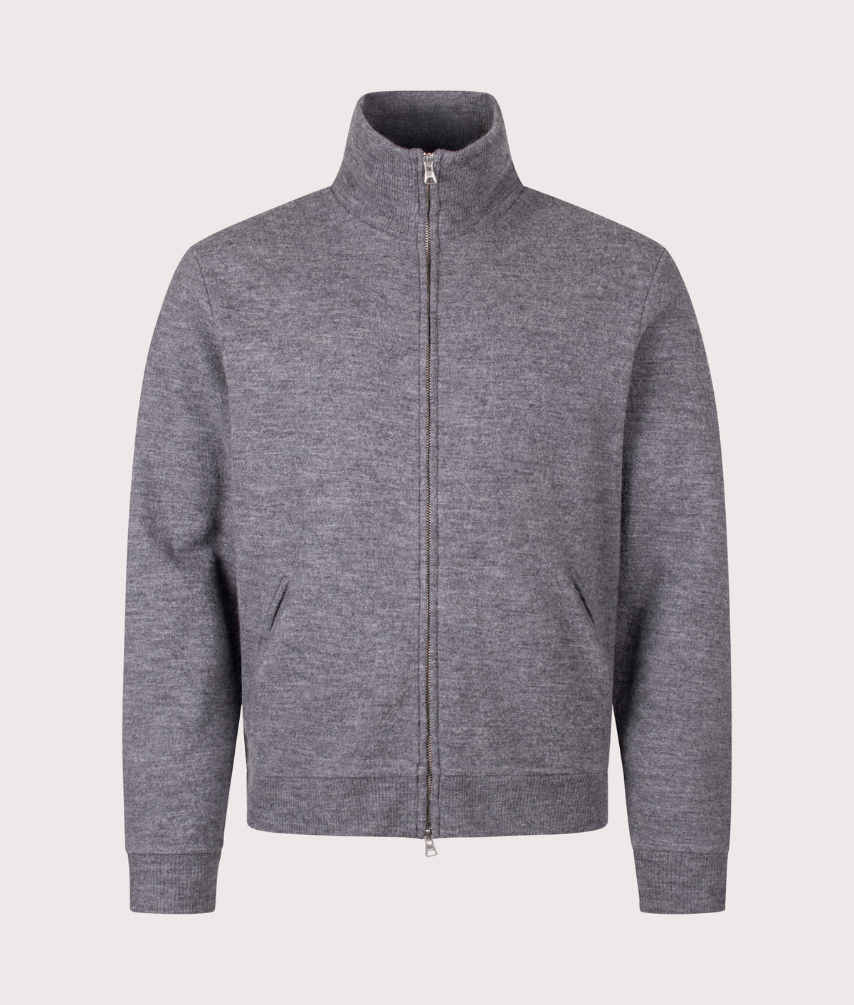 NN.07 Boiled Zip Through Knit Jumper in  Dark Grey Mel at EQVVS Menswear. Front shot.