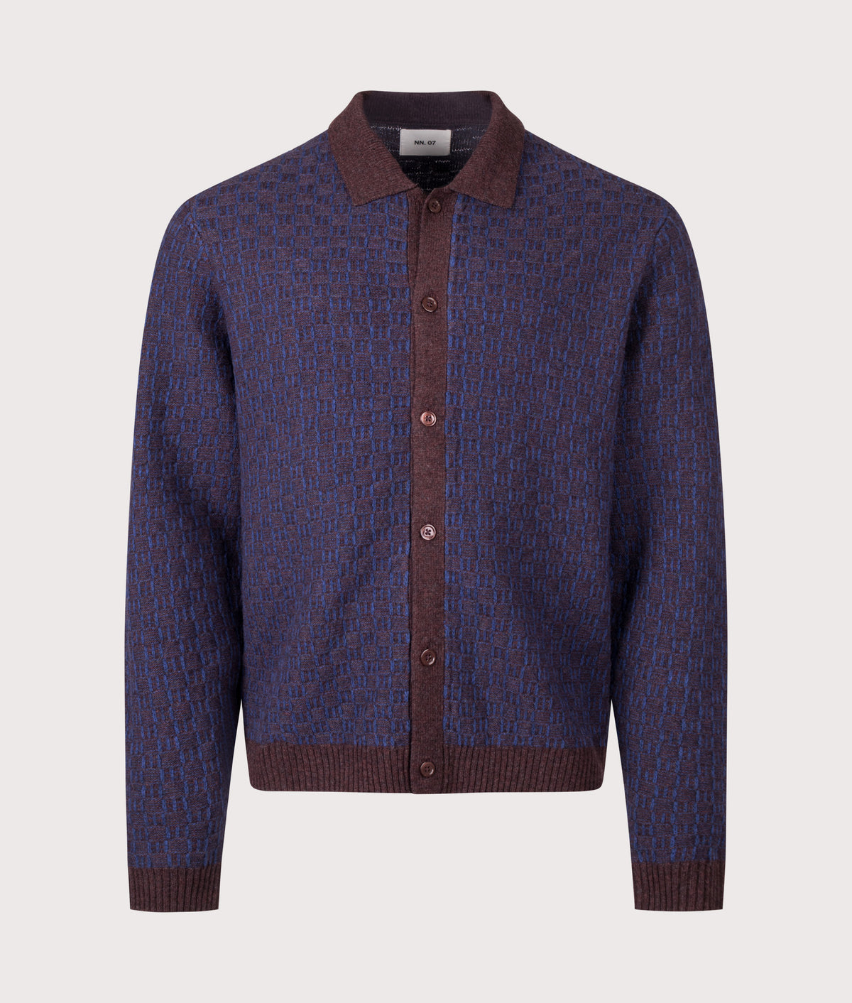 NN.07 Regular Fit Thor Polo Knit Cardigan in Deep truffle at EQVVS Menswear. Front shot.