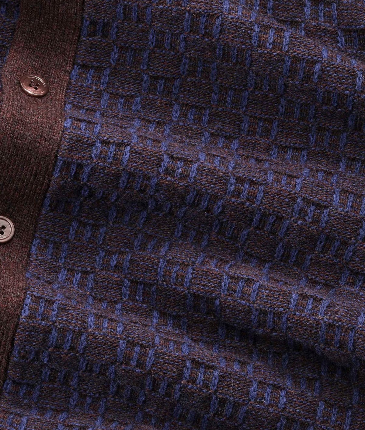 NN.07 Regular Fit Thor Polo Knit Cardigan in Deep truffle at EQVVS Menswear. Detail shot.