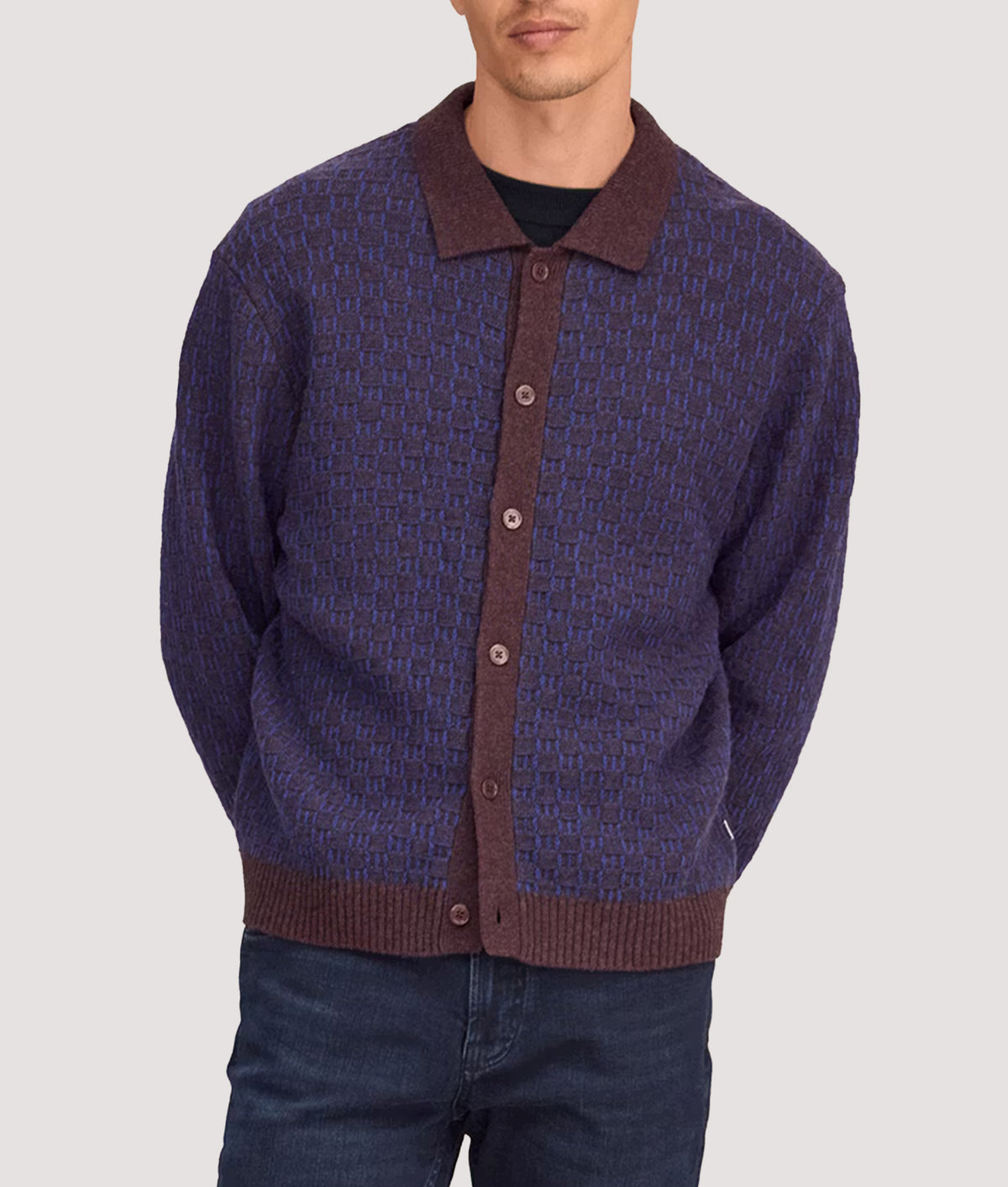 NN.07 Regular Fit Thor Polo Knit Cardigan in Deep truffle at EQVVS Menswear. Model front shot.