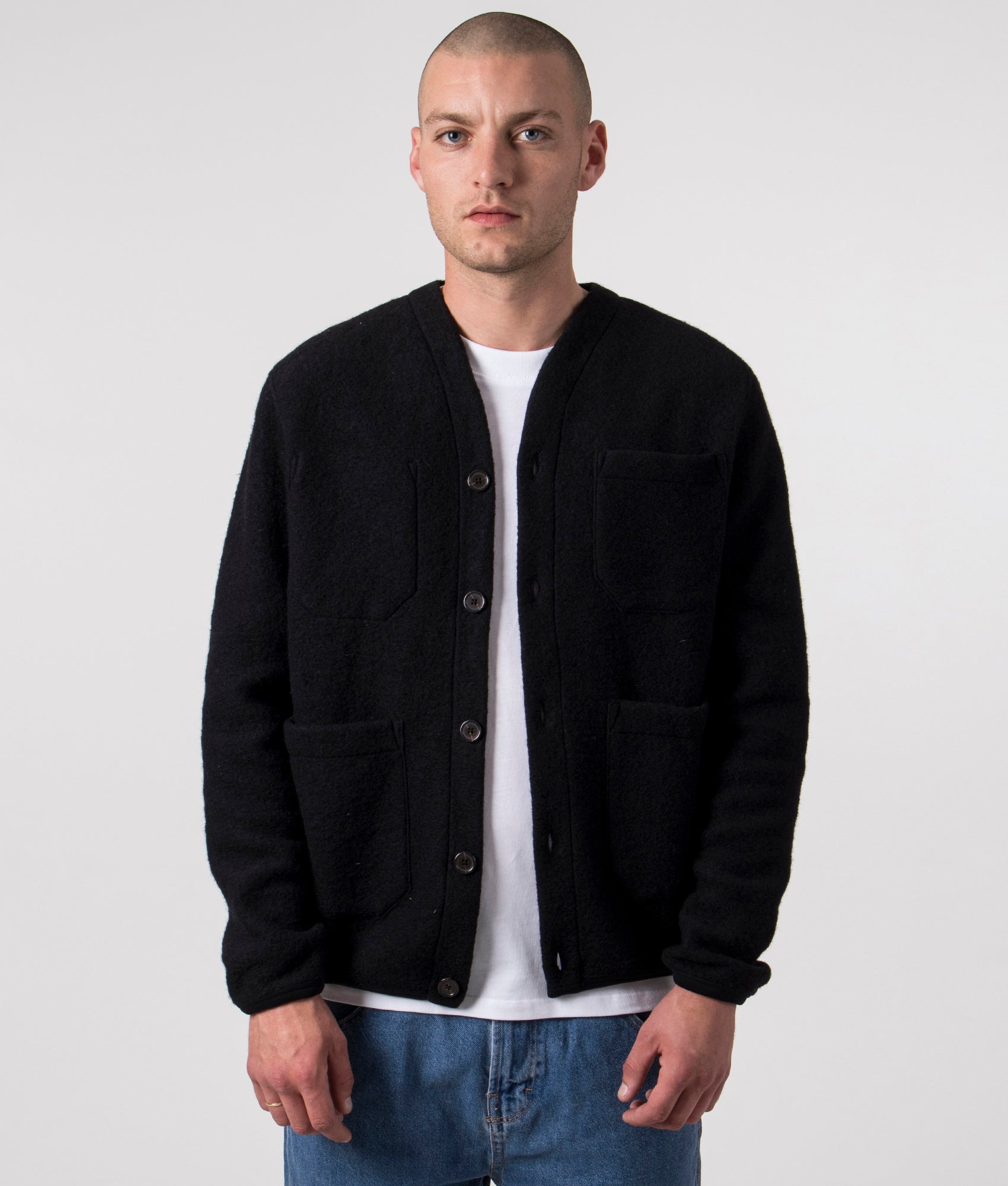Universal Works Wool Cardigan Black, EQVVS, Front