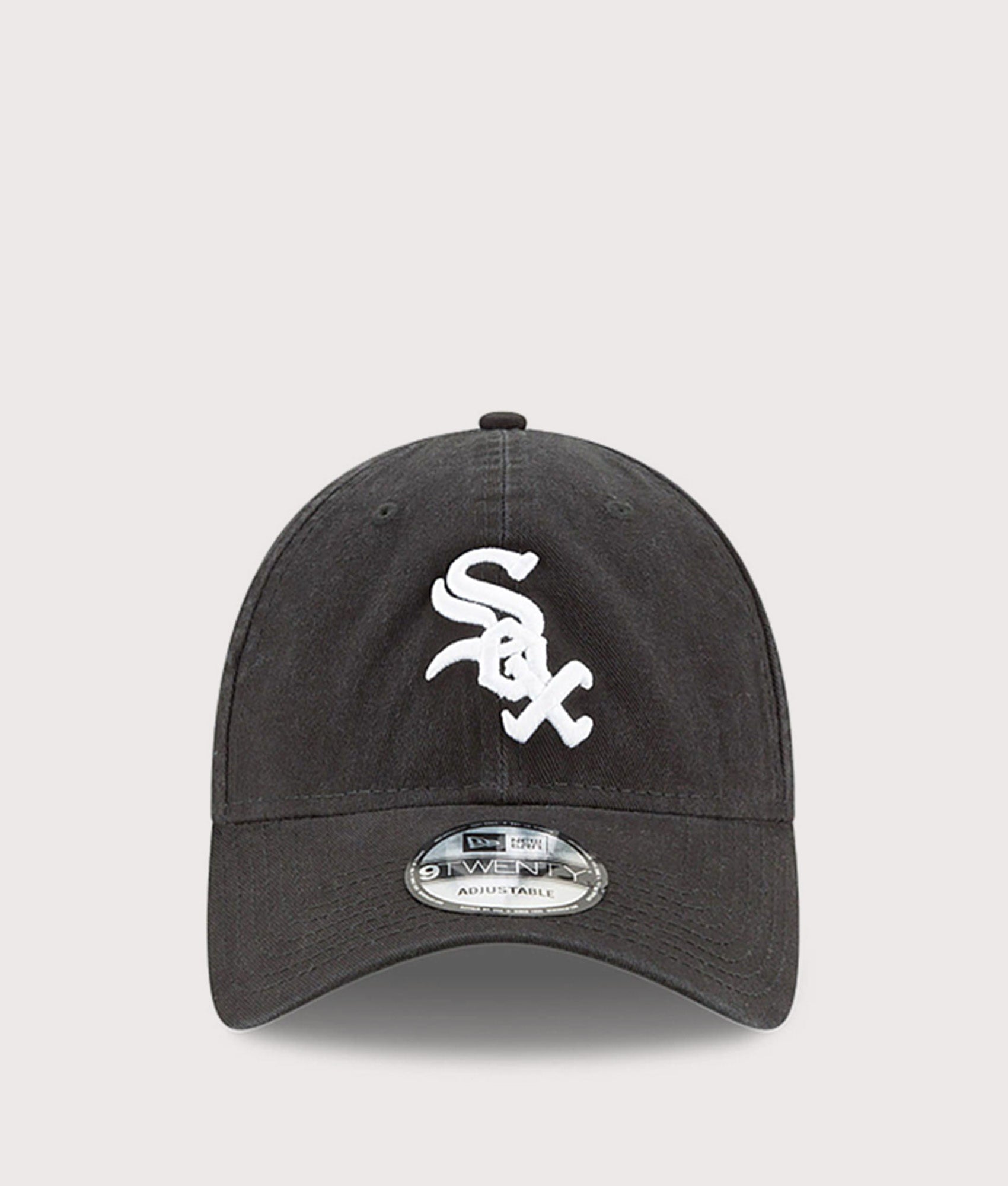 New Era MLB Core Classic Washed 9TWENTY Adjustable Cap in Black at EQVVS Menswear. Front shot.