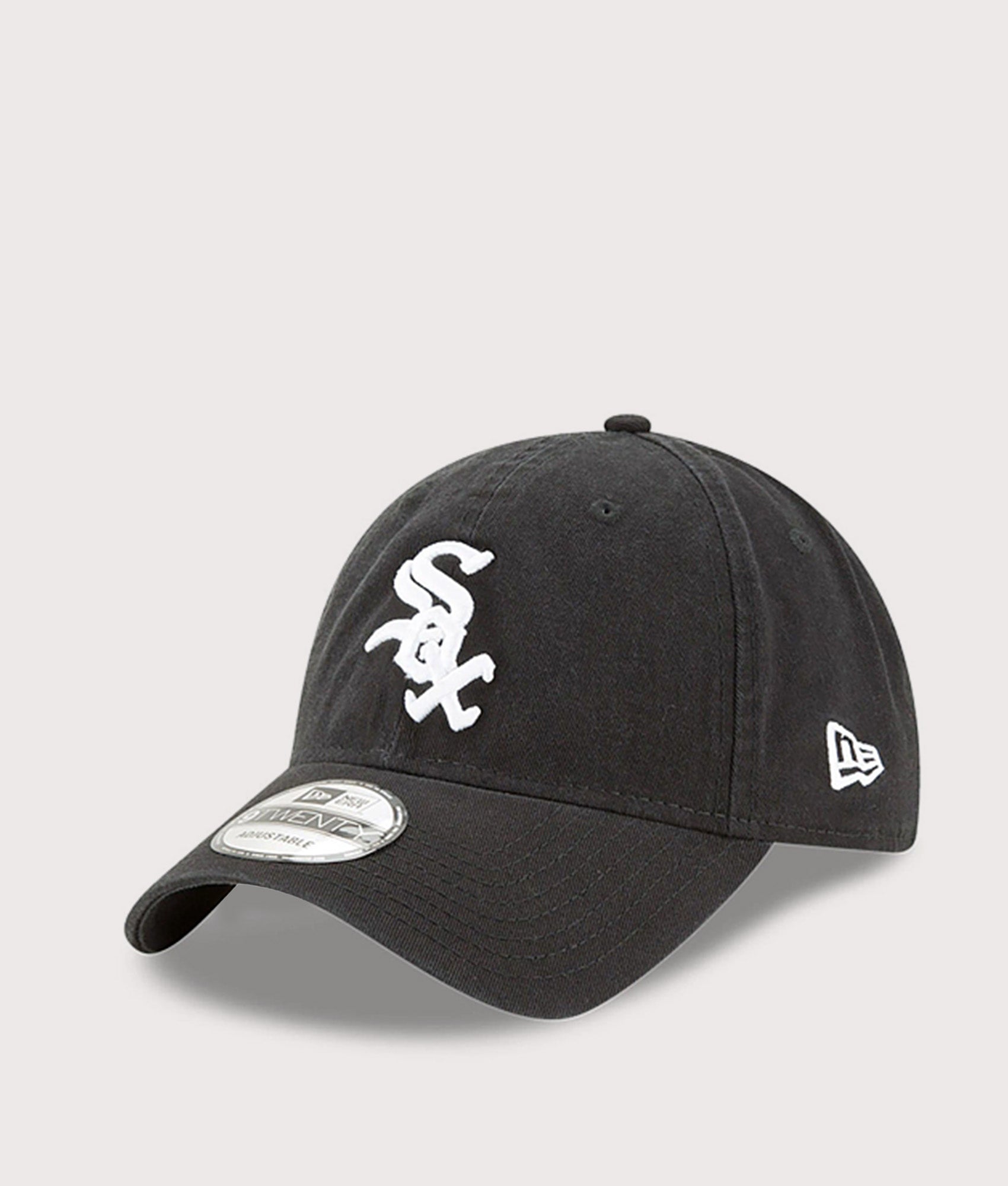 New Era MLB Core Classic Washed 9TWENTY Adjustable Cap in Black at EQVVS Menswear. Angled front shot.
