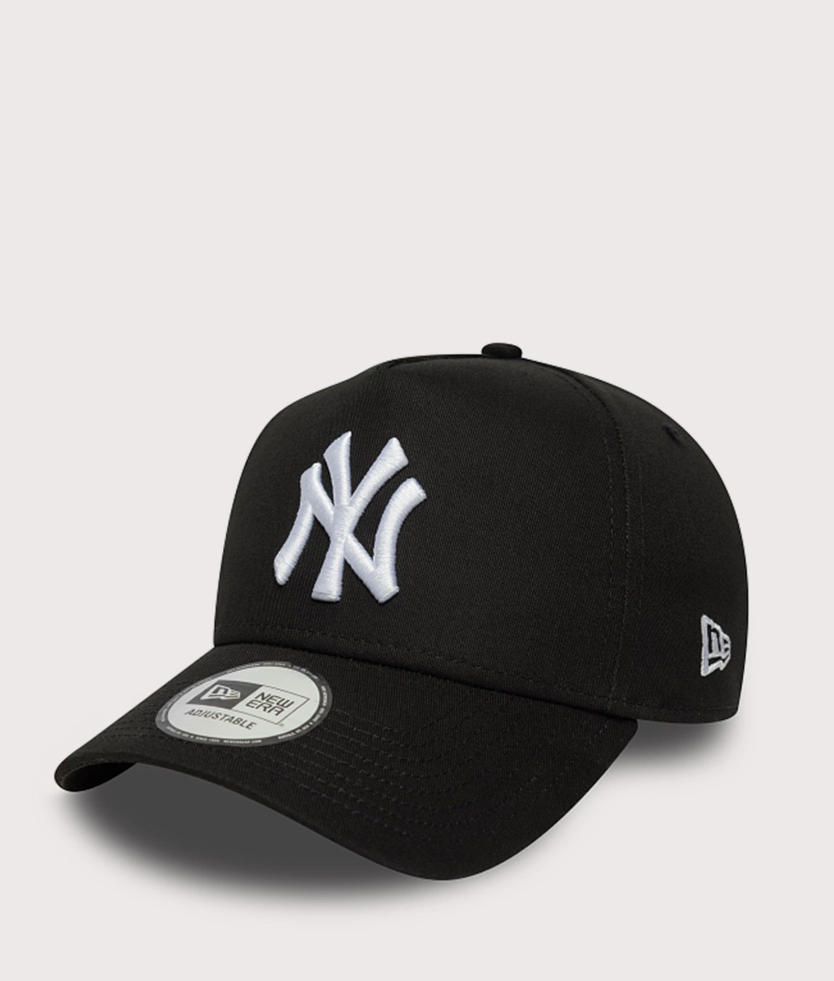 New Era New York Yankees MLB League Essential 9FORTY E-Frame Adjustable Cap in Black at EQVVS Menswear. Angled front shot.