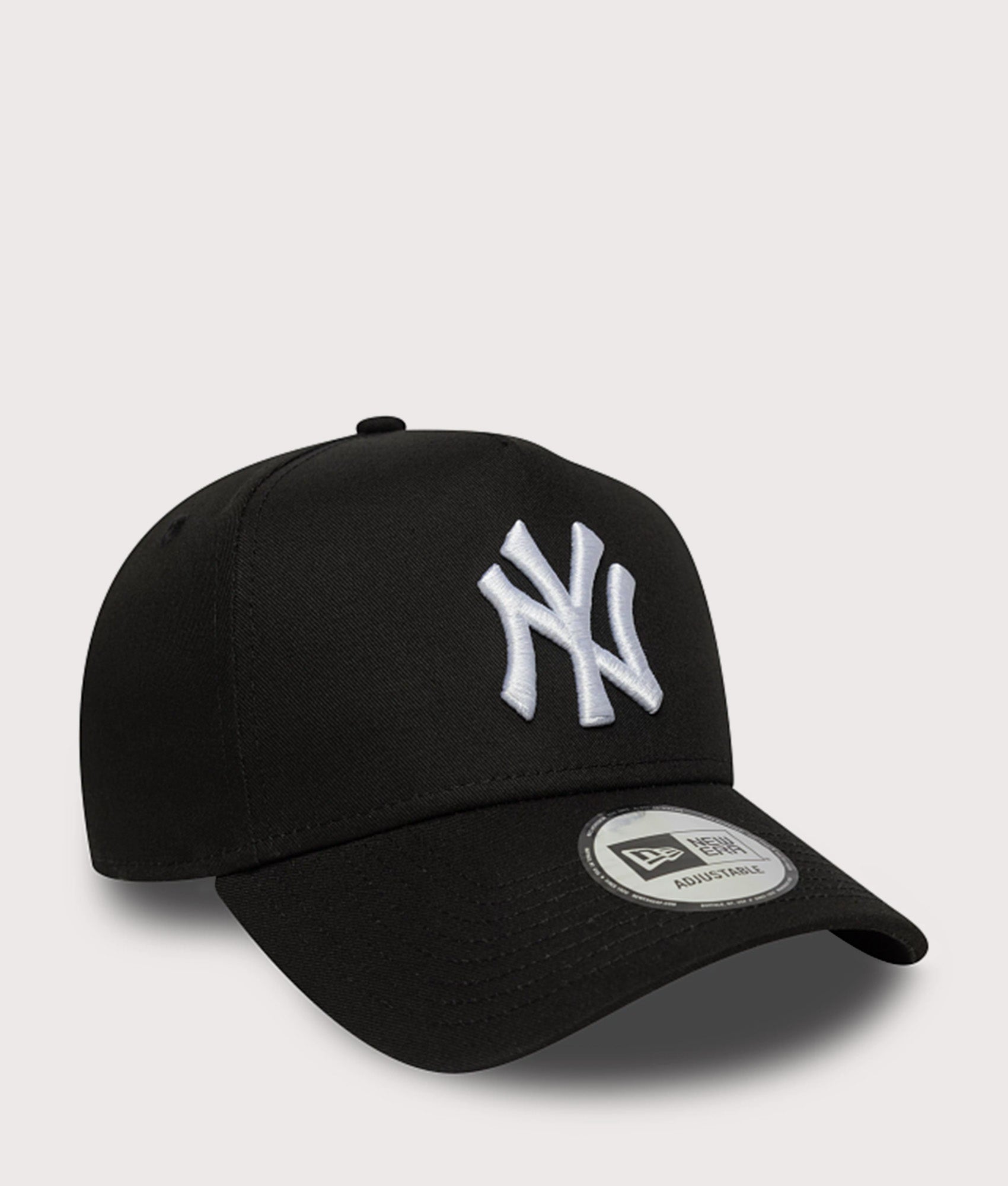 New Era New York Yankees MLB League Essential 9FORTY E-Frame Adjustable Cap in Black at EQVVS Menswear. Angled front shot.