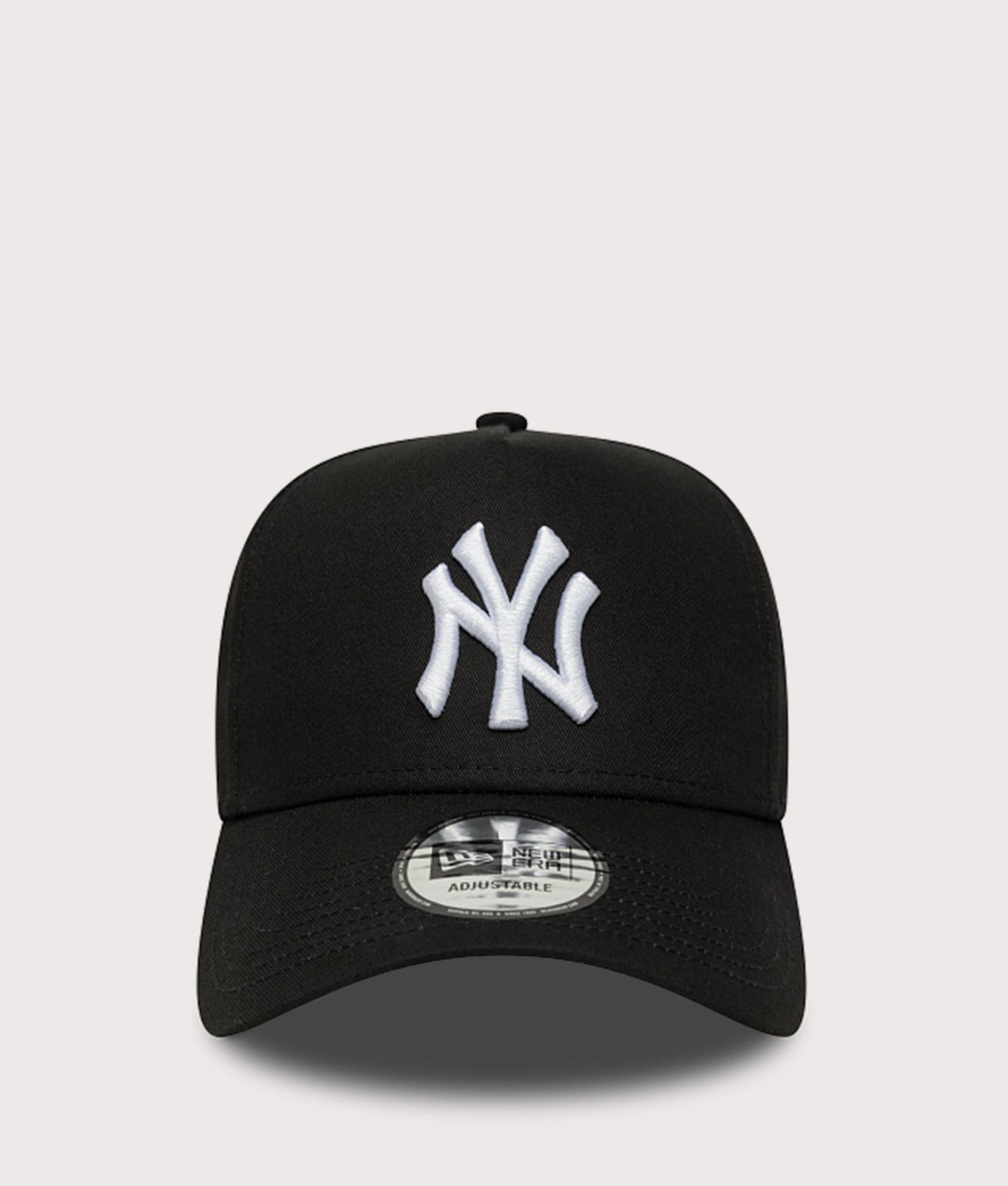 New Era New York Yankees MLB League Essential 9FORTY E-Frame Adjustable Cap in Black at EQVVS Menswear. Front shot.