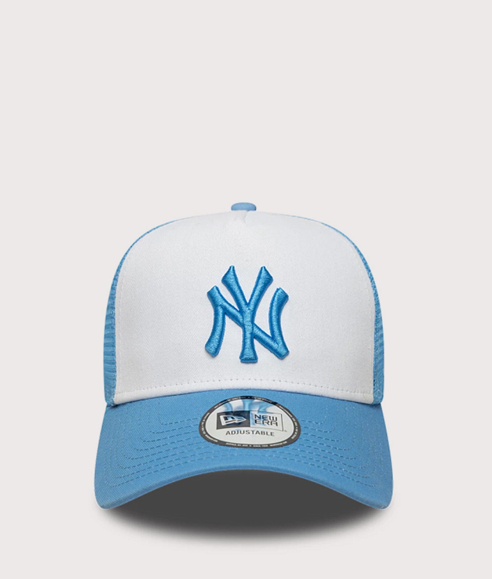 New Era New York Yankees League Essential Trucker Cap in Blue at EQVVS Menswear. Front shot.