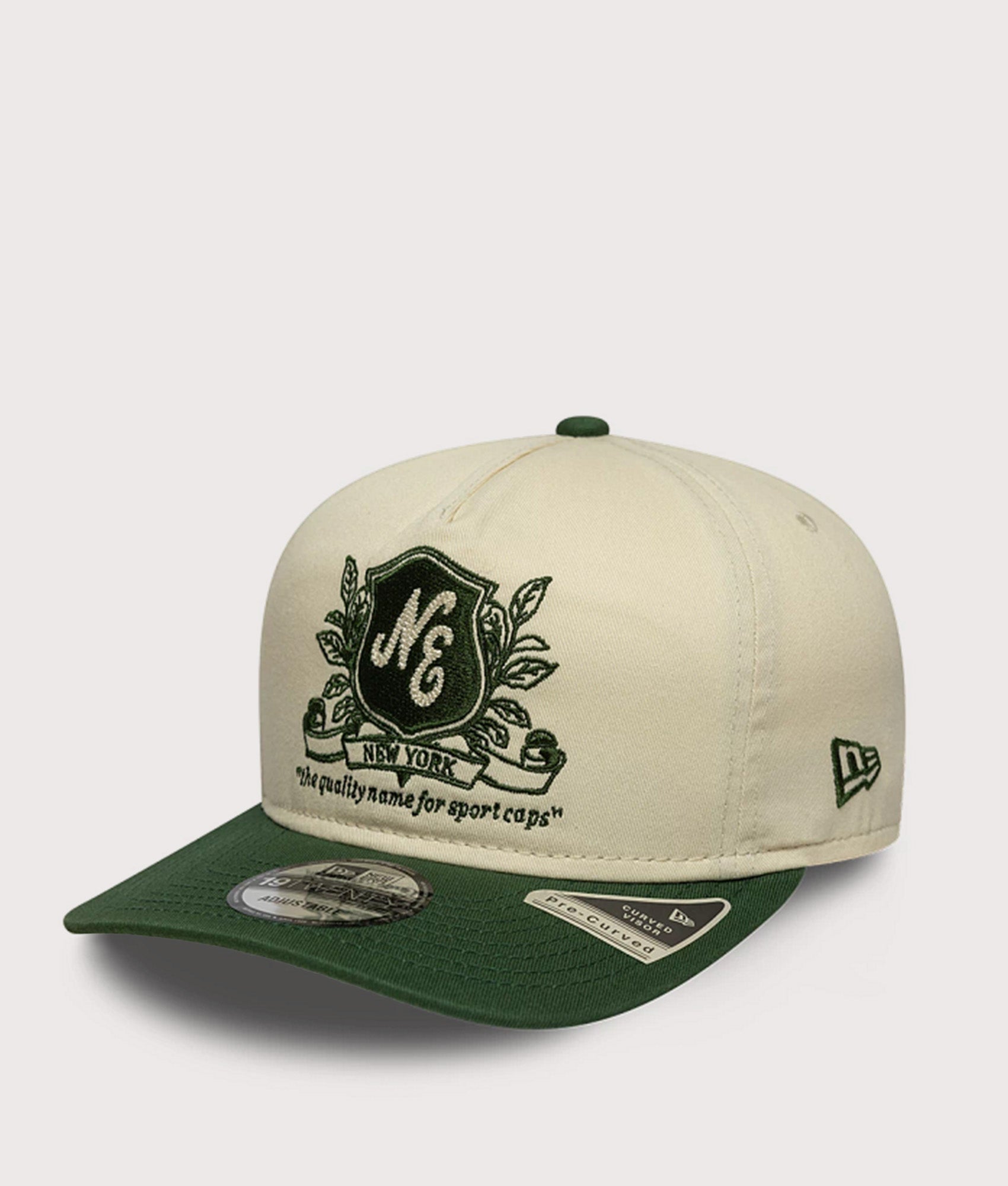 New Era New Era Washed Graphic 19TWENTY Adjustable Cap in Cream and green at EQVVS Menswear. Angled front shot.