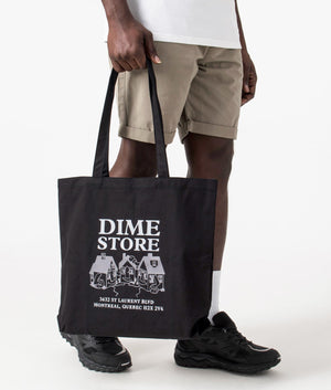Skateshop Tote Bag in Black by Dime MTL. EQVVS Front Angle Shot.