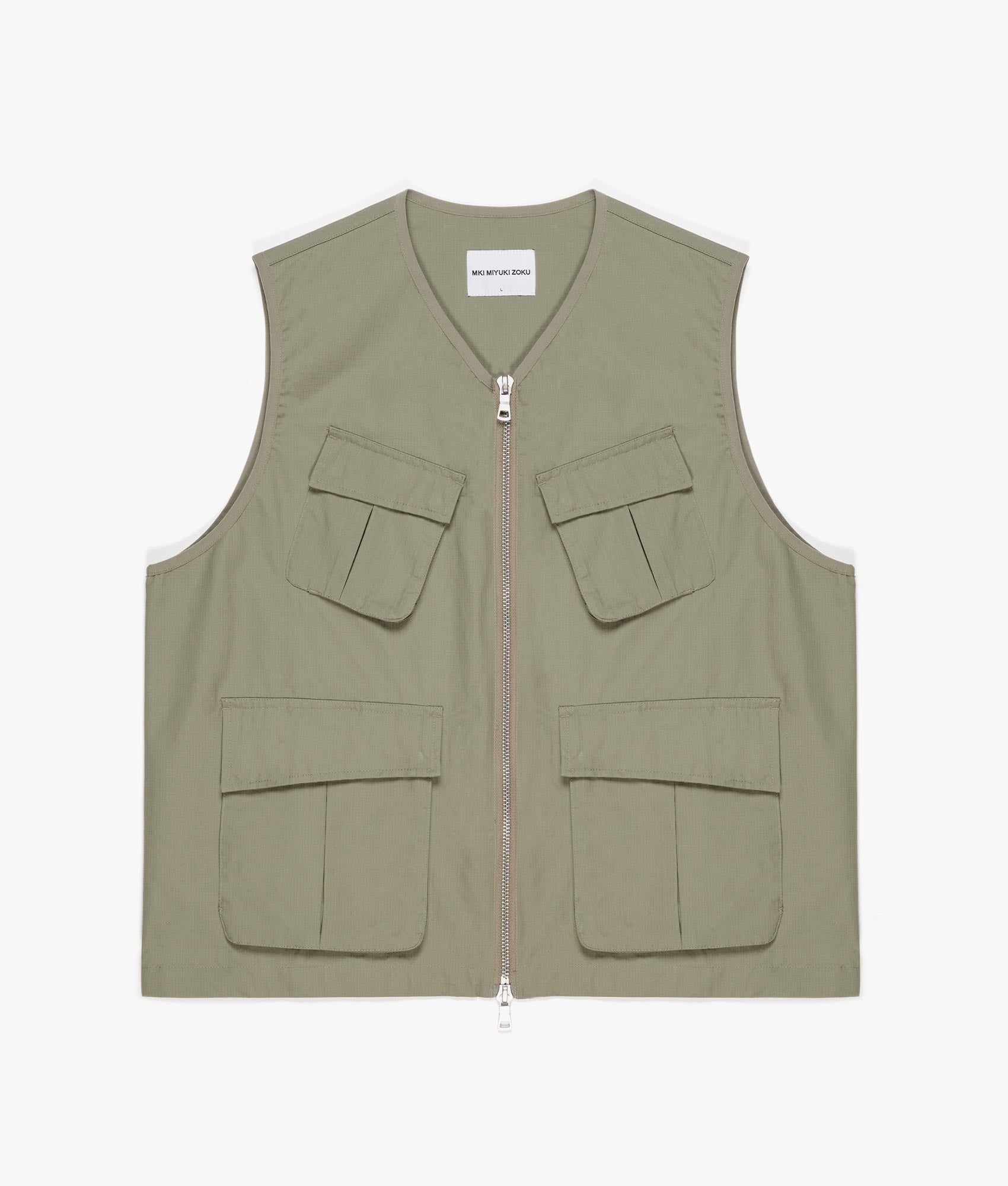 Oversized Ripstop Cargo Vest in Sage Green by MKI MIYUI ZOKU. EQVVS Front Flat Shot. 