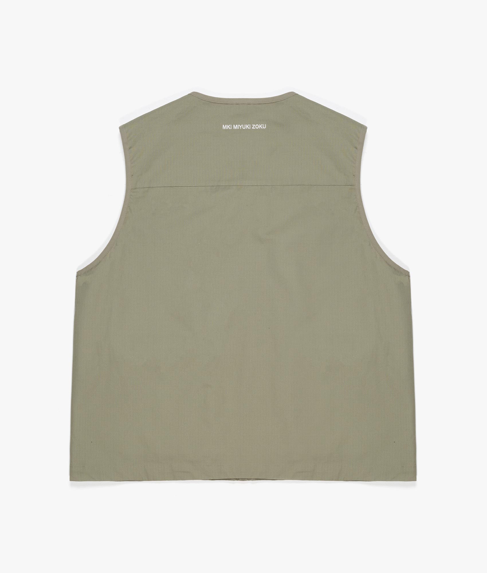 Oversized Ripstop Cargo Vest in Sage Green by MKI MIYUI ZOKU. EQVVS Back Flat Shot.