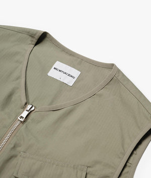 Oversized Ripstop Cargo Vest in Sage Green by MKI MIYUI ZOKU. EQVVS Detail Shot.