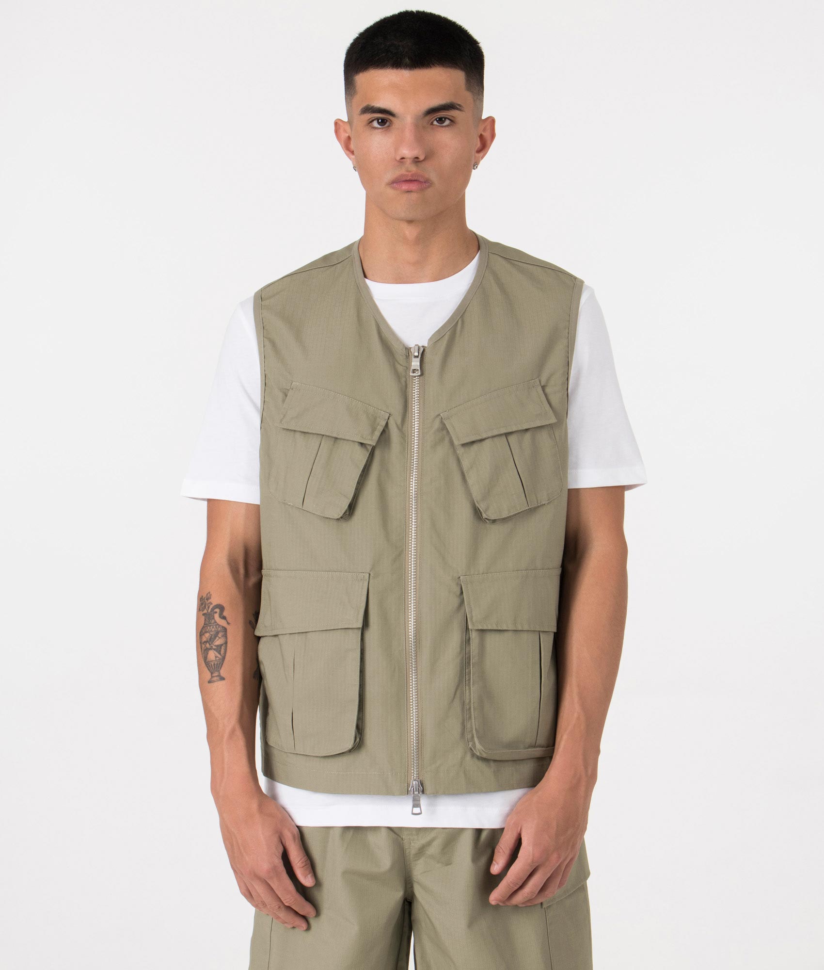 MKI Oversized Ripstop Cargo Vest in Sage Green. Front angle model shot at EQVVS.