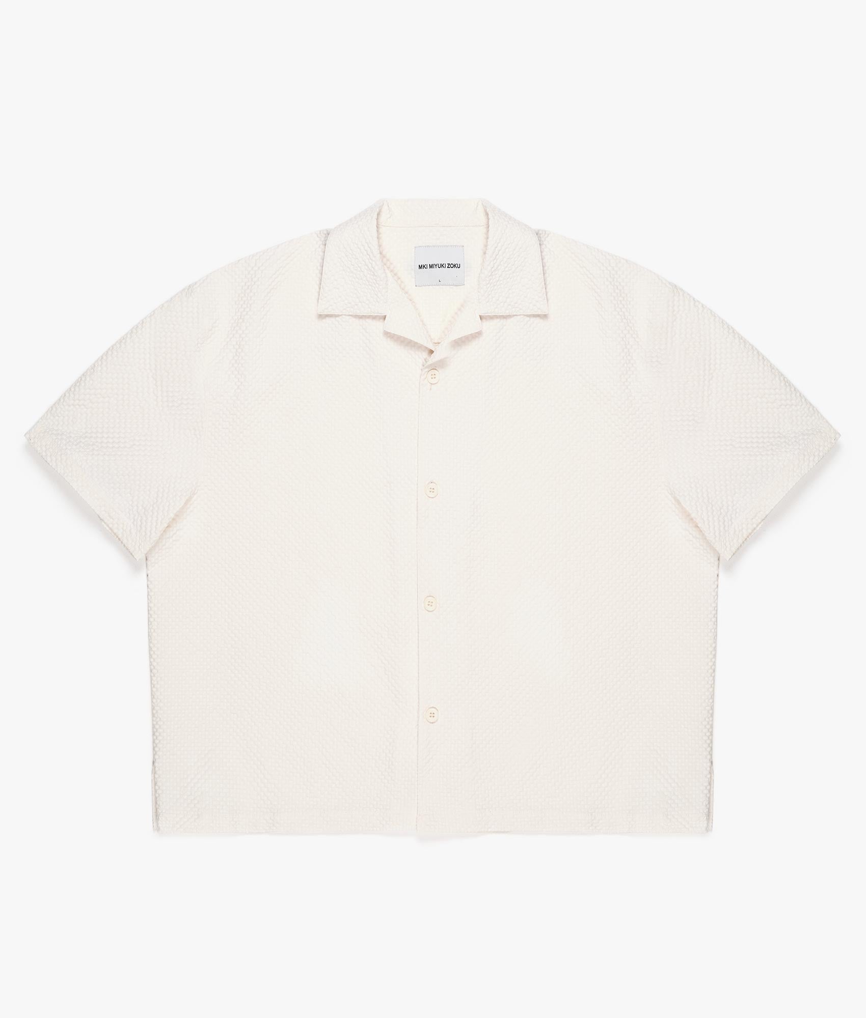 Oversized Seersucker Vacation Shirt in Off White by MKI MIYUKI ZOKU. EQVVS Flat Front Shot. 